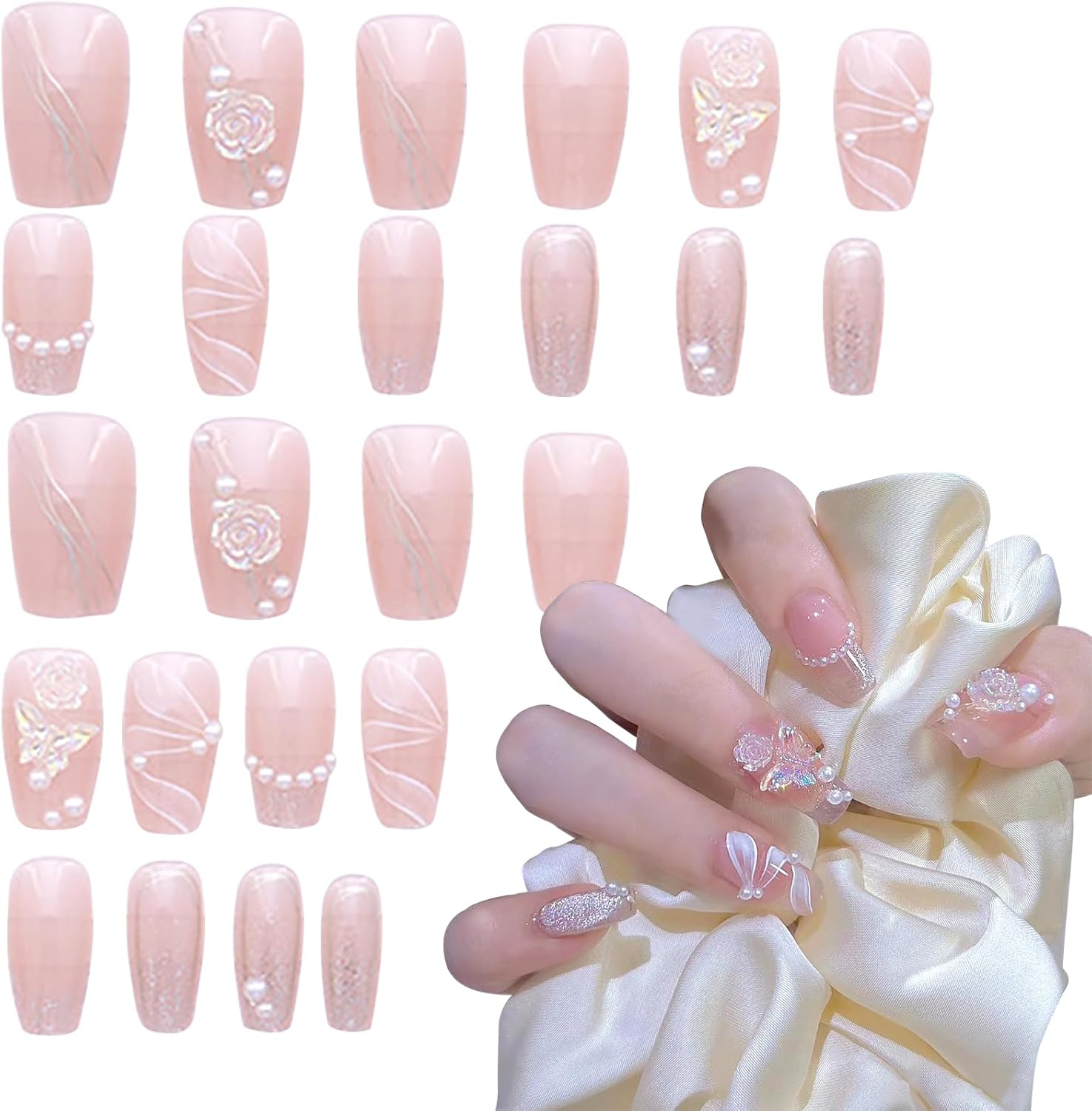 Nail Tips Set, 24PCS Full Cover Fingernails for Extensions, Acrylic Press on Nails, Soft Gel Fake Tips, Soak Off, for Art Salons and Home DIY, 015 image number 2