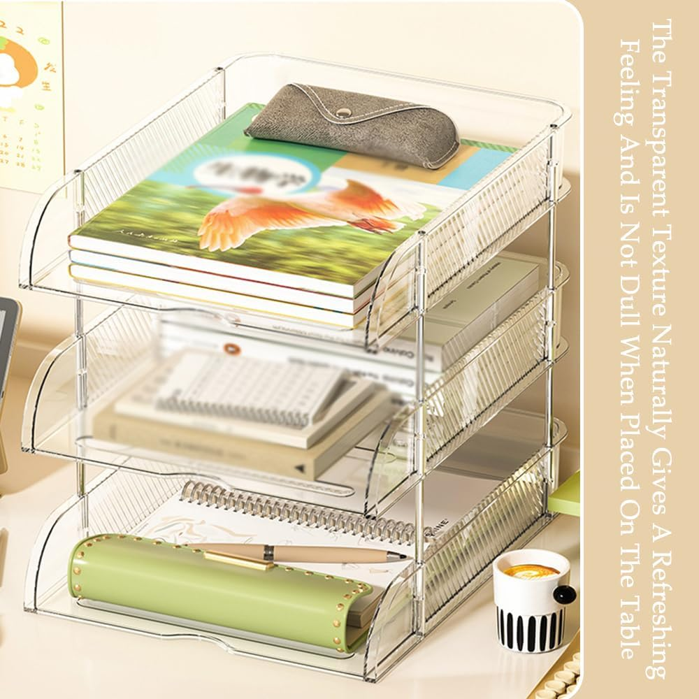 Transparent Stackable Storage Box (4 Pack), File Rack with Non-Slip Strips, Desktop Multi-Layer Storage Rack, for Store Books, Magazines, Folders, File Paper, Notes and Pens image number 5