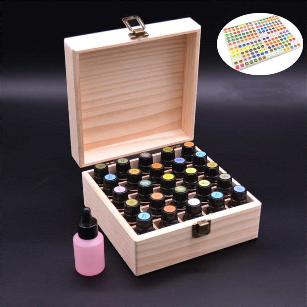 Fantasyday Wooden Essential Oil Storage Box Case, Portable Organizer Holds 25 Bottles 5 Ml, 10 Ml and 15 Ml Sizes - Pine Wood Holder Safe for Carrying and Home Storage Display image number 1