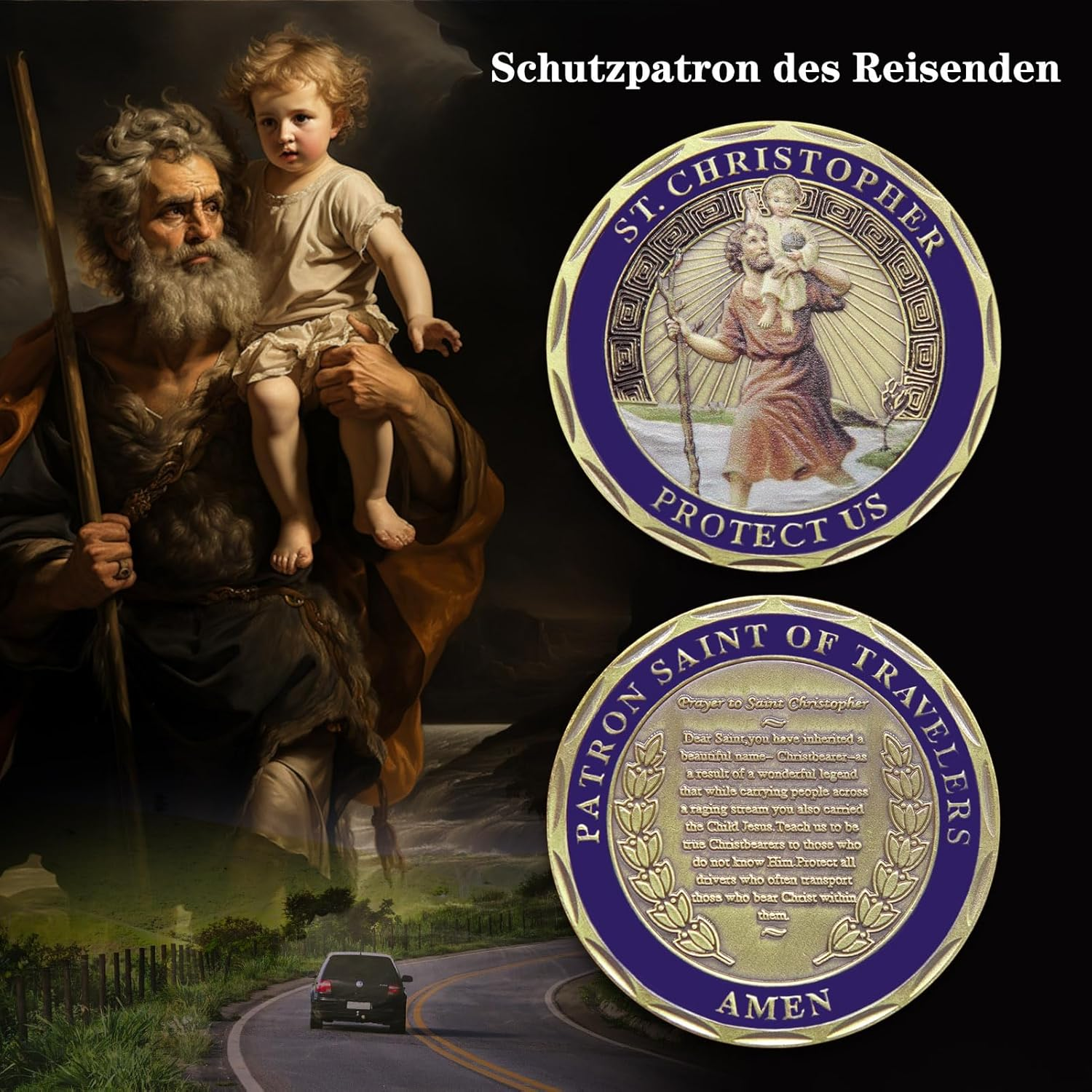 Saint Christopher Car Badges Diameter 4 Cm Saint Christopher Medal Protect Us Come Good Home Gift with 1 Magnet Iron Piece and 3 Double-Sided Adhesive Stickers (Colourful)