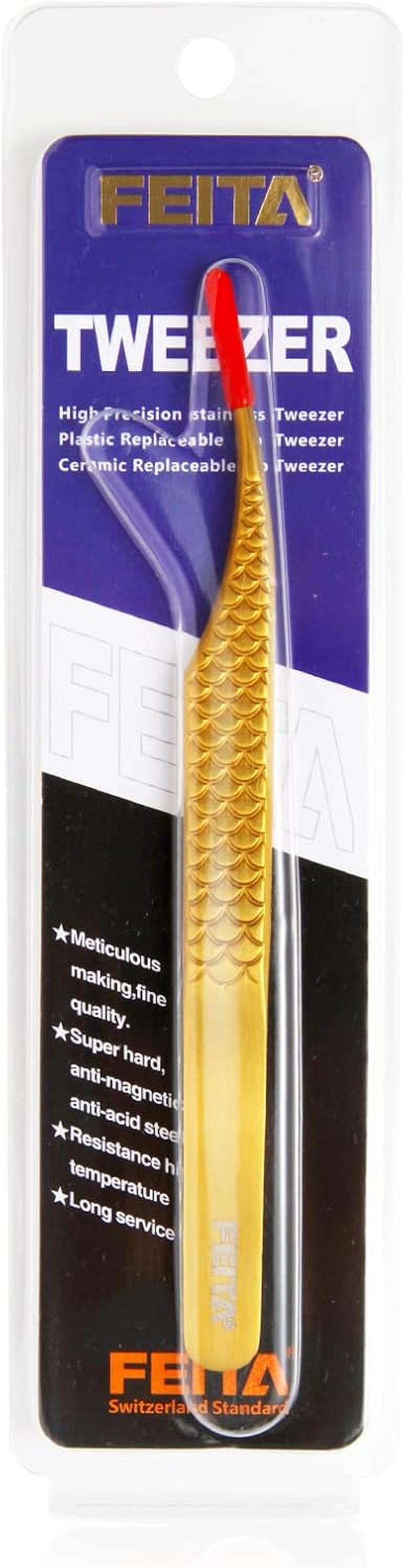 FEITA Diamond Grip Eyelash Extensions Tweezer Lash Precision Tweezers, Japanese Steel Dolphin-Shaped Tip, False Lashes Application Tools, Gold 1Pc image number 5