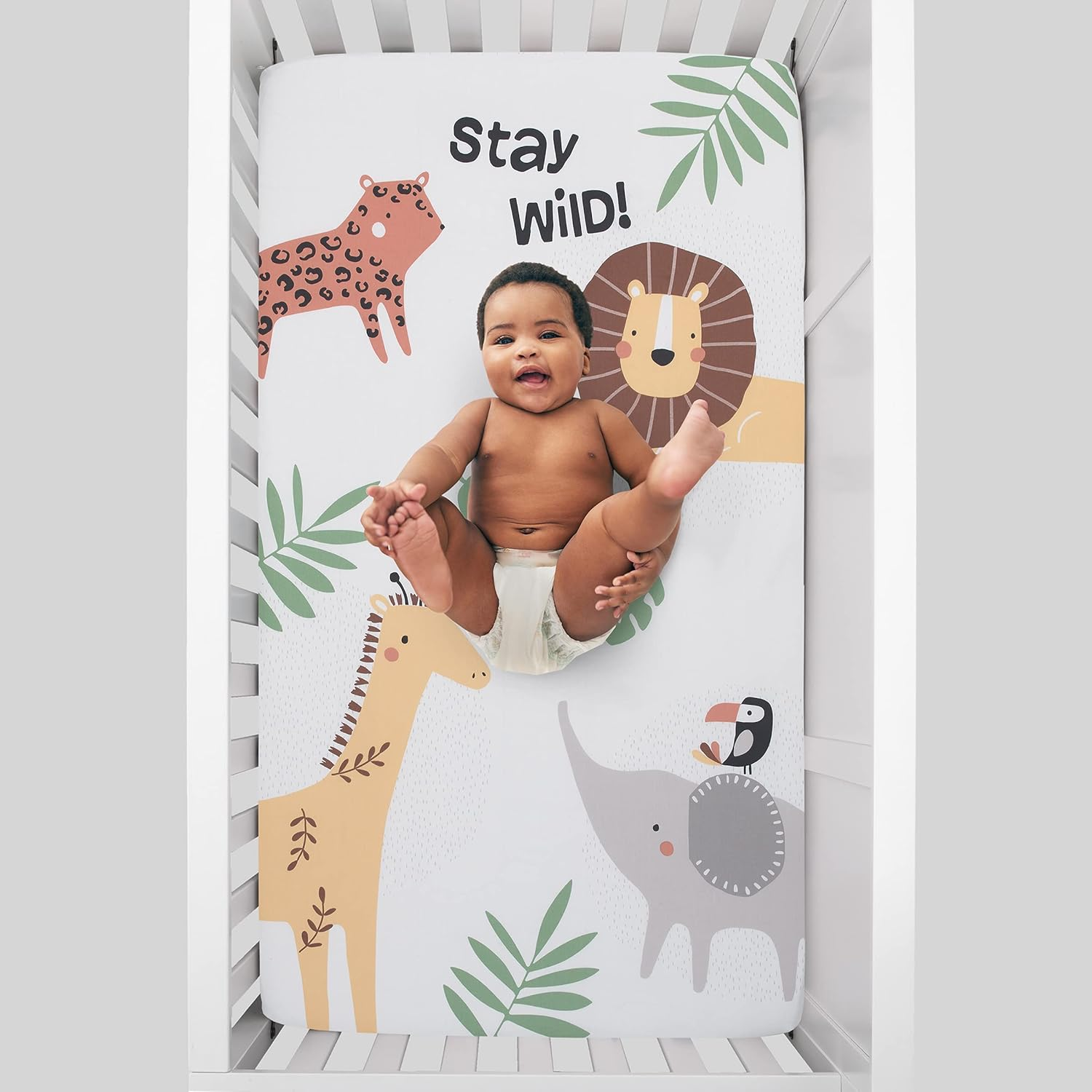 Nojo Jungle Trails White, Green, & Gold Stay Wild Animal Print with Leaves Photo Op 100% Cotton Nursery Fitted Crib Sheet, Grey, Green, Gold, White image number 5