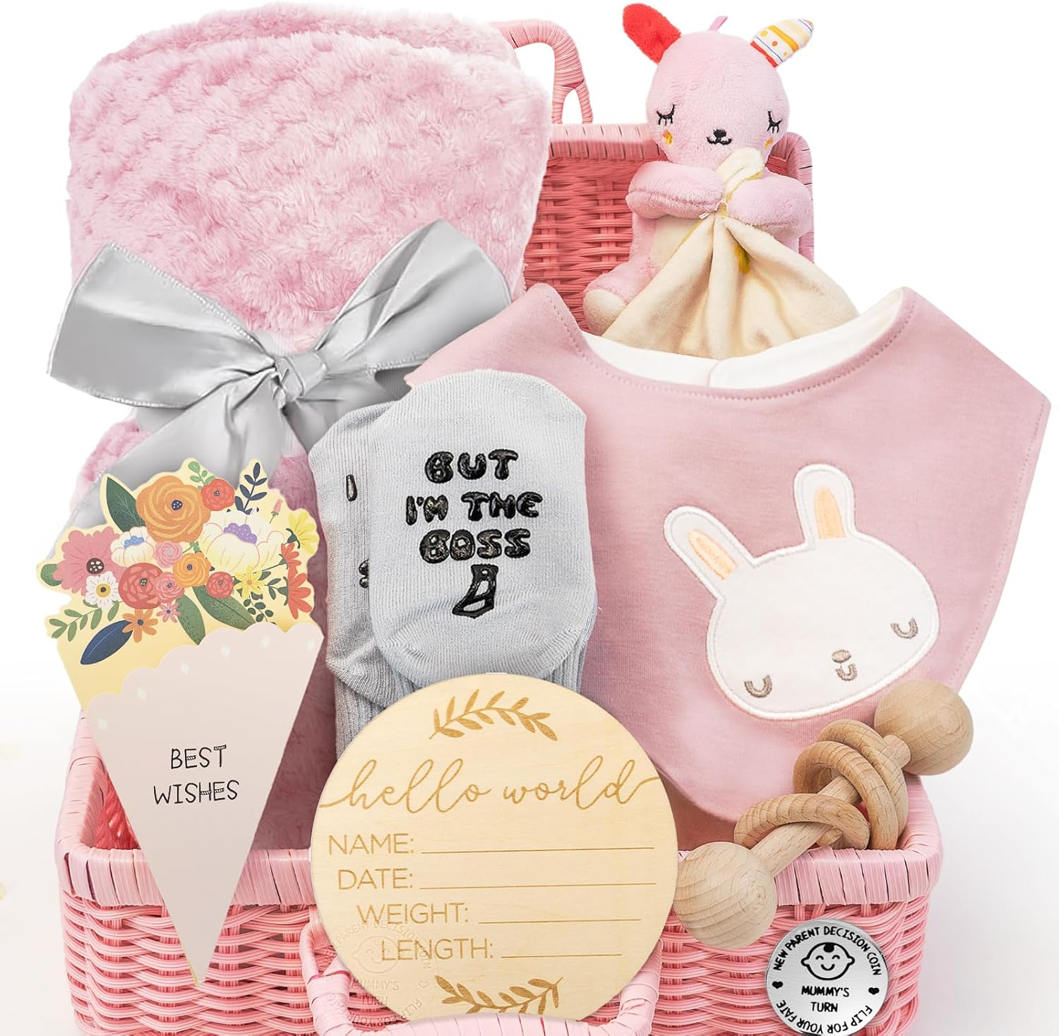 GANGANWU Baby Shower Gifts, New Baby Gifts for Girls, Pink 8 in 1 Set - New Baby Gifts, Baby Boy Gifts Including Lovey Security Blanket, Welcome Card, Wooden Rattle Toy, Socks,Baby Bib and More image number 2