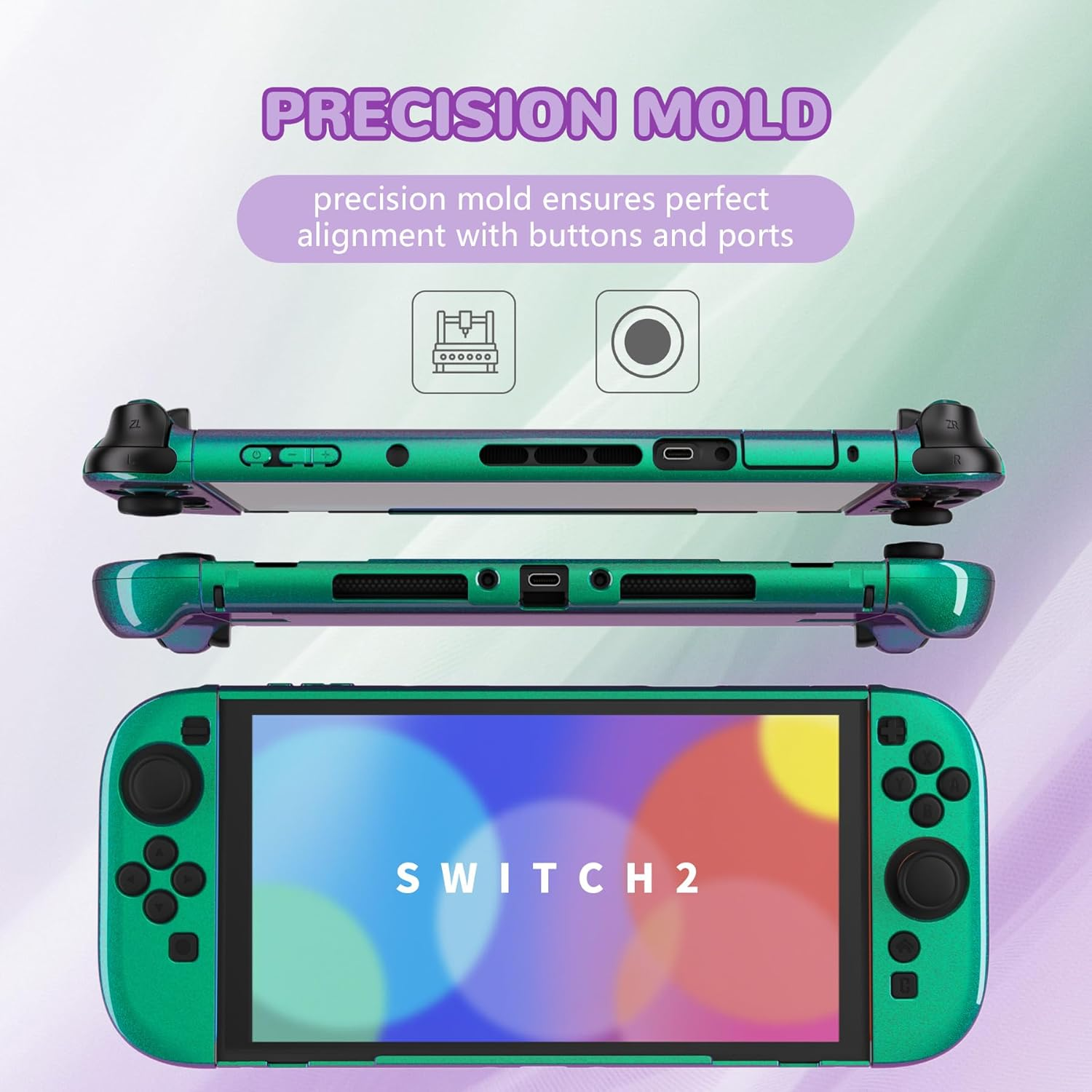 Playvital Solid Color Series Protective Case for Nintendo Switch 2, Anti-Scratches Hard Shell Dockable Grip Cover with Extra Foldable Stand & Thumb Grips for Nintendo Switch 2 - Chameleon Green Purple