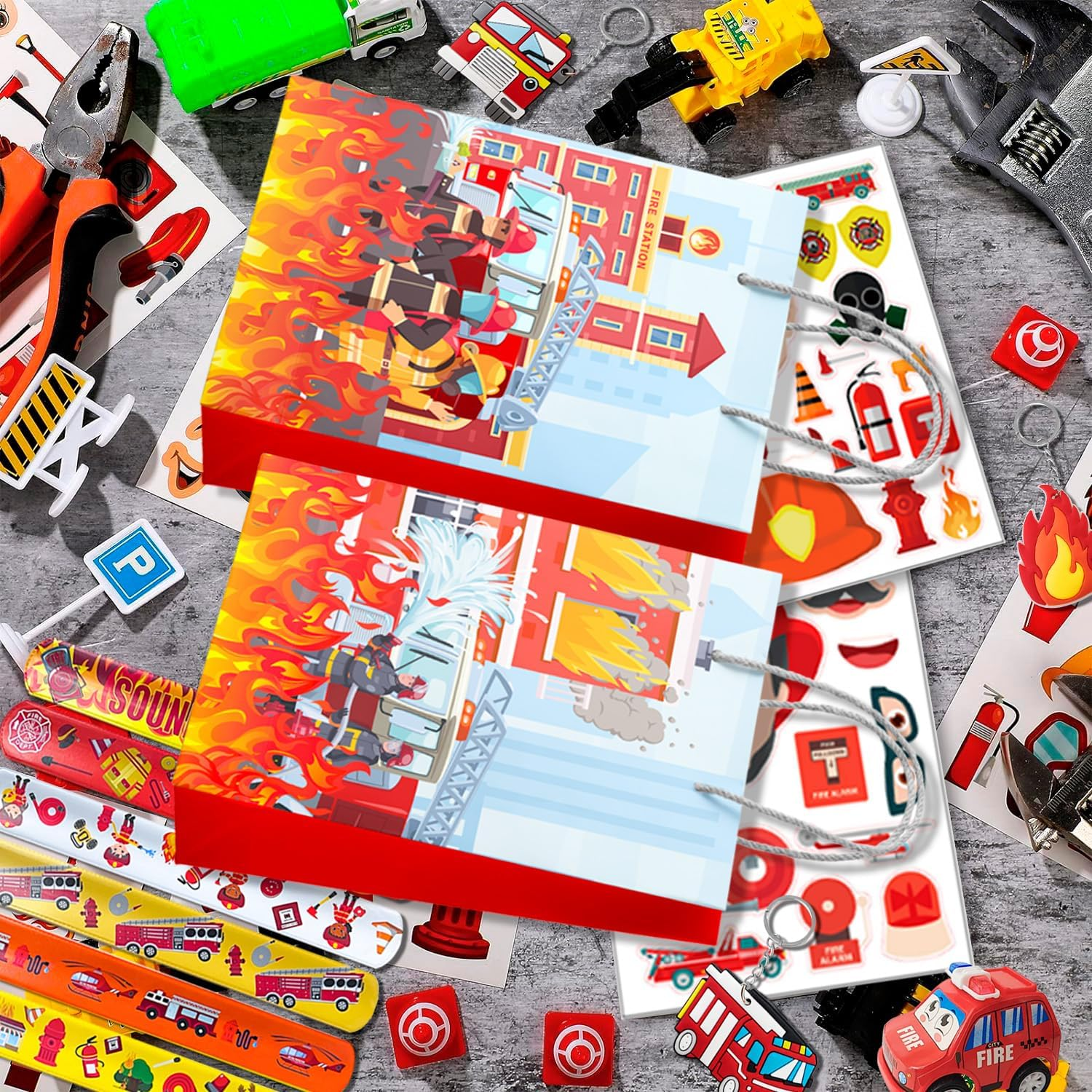Firefighter Party Favors,72Pcs Fire Truck Party Favors Set- Firefighter Party Stickers Slap Bracelets Keychains Etc Firefighter Themed Party Favors for Firefighter Birthday Party Decorations Supplies image number 4