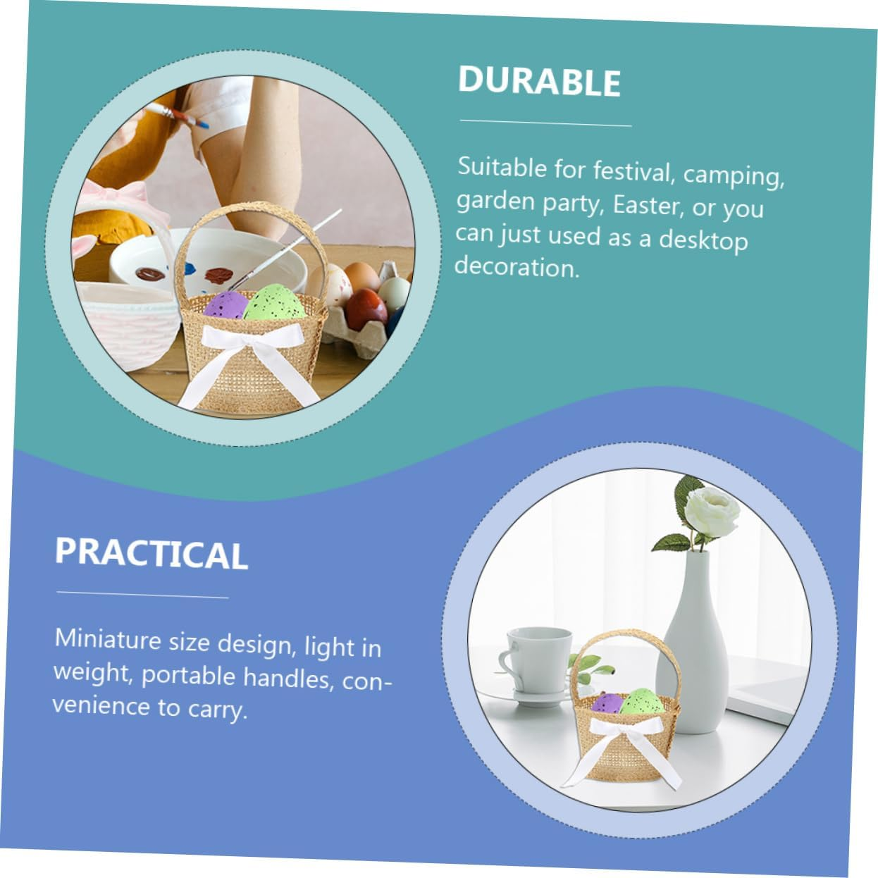 SHOWERORO 6Pcs Mini Woven Basket Hanging Burlap Individual Picnic Baskets Bridal Flower Basket Easter Egg Basket Bulk Easter Egg Stuffers Easter Baskets for Kids Bride Linen to Weave Snack image number 6