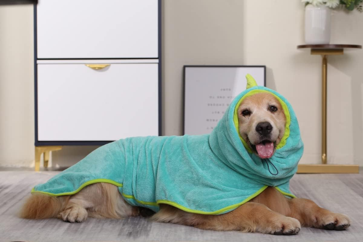 Pawyee Super Soft Fast-Drying Dog Towel with Drying Gloves for Cold Weather, Beach, Pool - Adjustable Microfiber Bath Robe Set (2 Pcs) for Cats and Dogs (X-Large, Blue Dino) image number 5