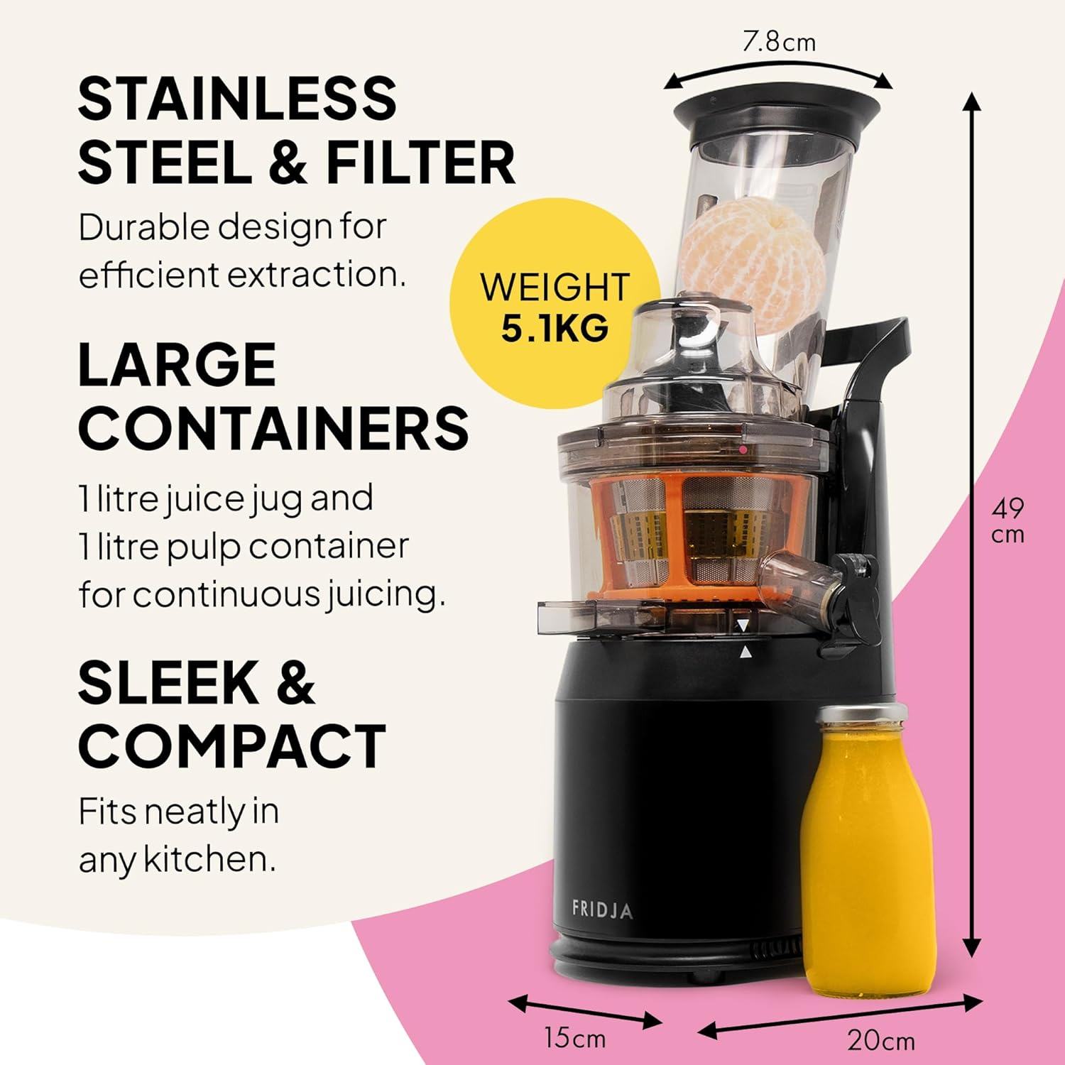 Fridja F1900 Cold Press Juicer, 240W Masticating Slow Juicer with 78Mm (3&rdquo;) Bpa-Free Wide Chute, Black Stainless Steel Body, Juice, Vegan Nut Milks, Sorbet, Ice Cream, Easy to Clean image number 4