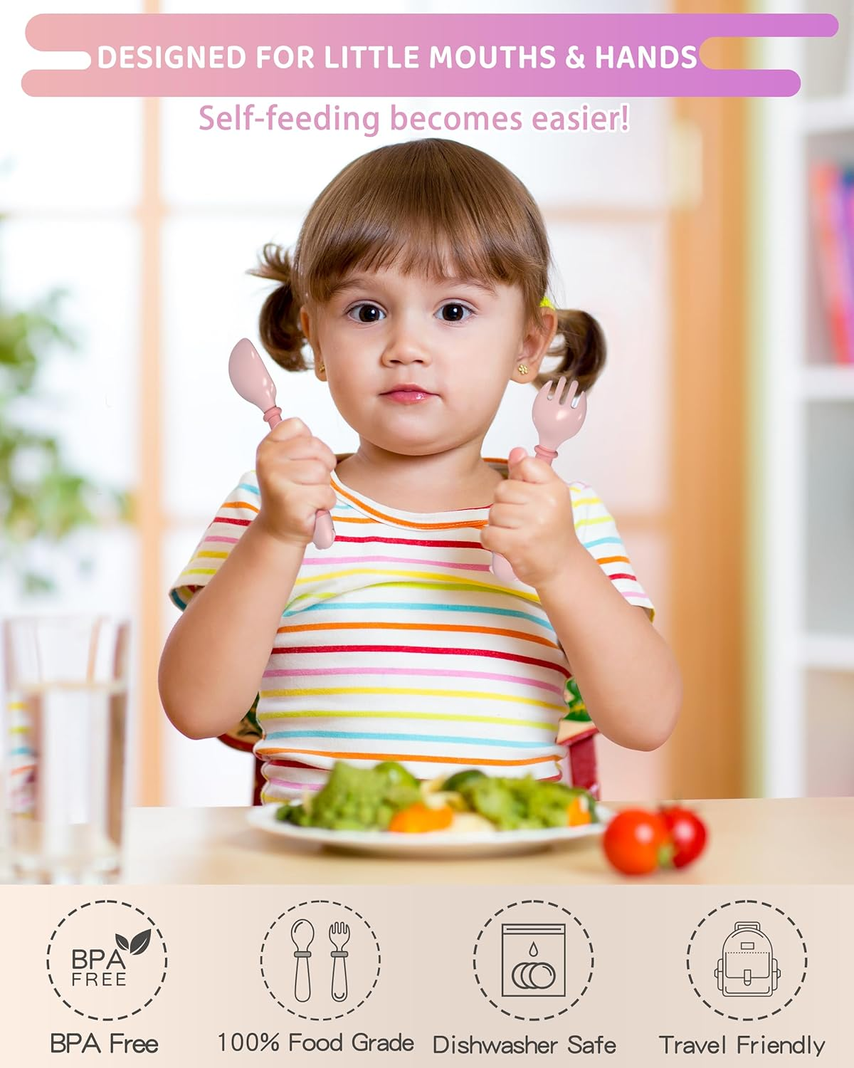 Deejoy Toddler Utensils with Travel Safe Case, Silicone Baby Spoons and Fork Set for Self Feeding, Toddlers Feeding Training Spoon, Easy Grip Heat-Resistant, Bendable Function (2 Sets, Green&Pink) - Pink image number 6