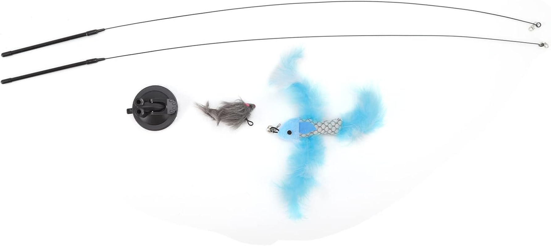 Cat Teaser Stick Toy, Powerful Base Flexible Boredom Relief Double Ended Suction Cat Feather Wand Interactive Toy Indoor Removable Steel Wire (Blue Flying Fish and Gray Mouse) image number 1