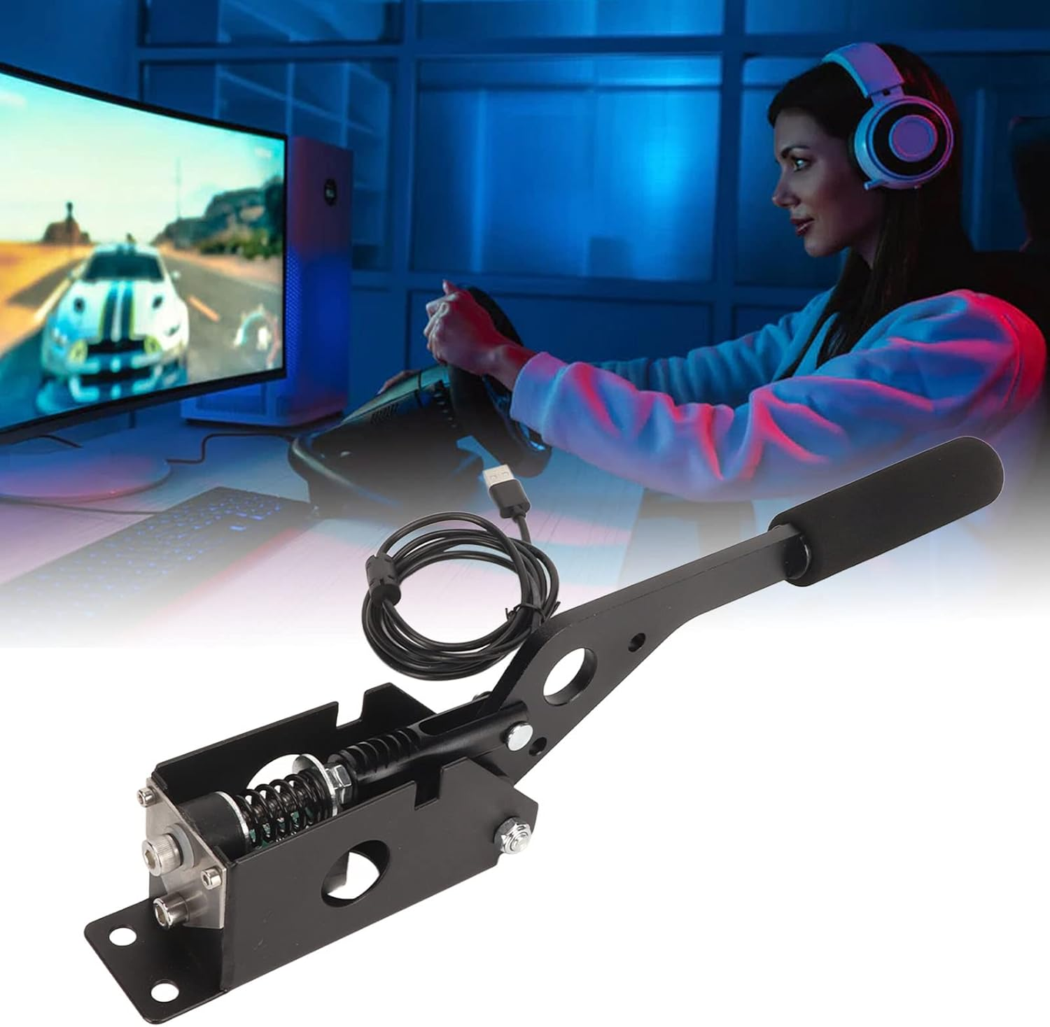 64 Bit USB SIM Handbrake, PC Racing Game USB Handbrake Fit for Logi G27 G29 G920 G923 T500 T300, Simulation Manual Brake with Handle Grip USB Cable Clamp image number 3