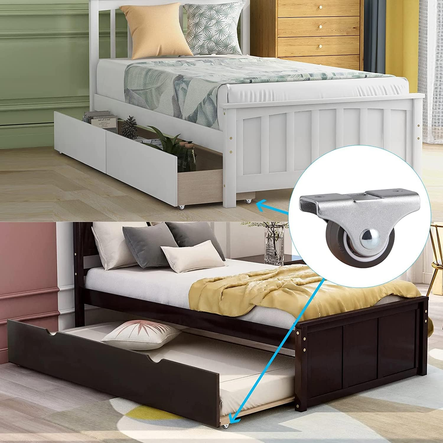 Mini Fixed Casters Wheels 1 Inch Silent Ball Bearing Small Casters Wheels for Cart, Metal Top TPE Rubber Directional Wheel Low Profile Casters for Furniture Cabinets under Bed Drawer with Screws 4 Pcs image number 1