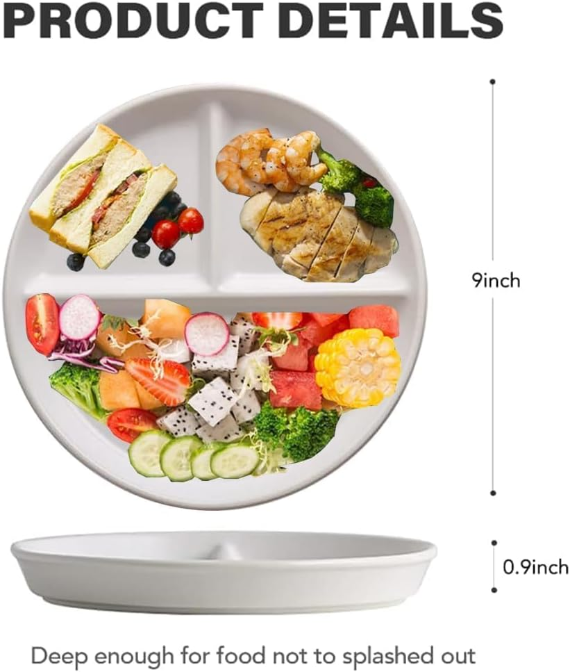 QYINXIU 5 Pcs Plate Set, Unbreakable Divided Dinner Plate Set, 9 Inch Wheat Straw Plates, Dinner Diet Plates for Kids, Bariatric Diet Divided Plates