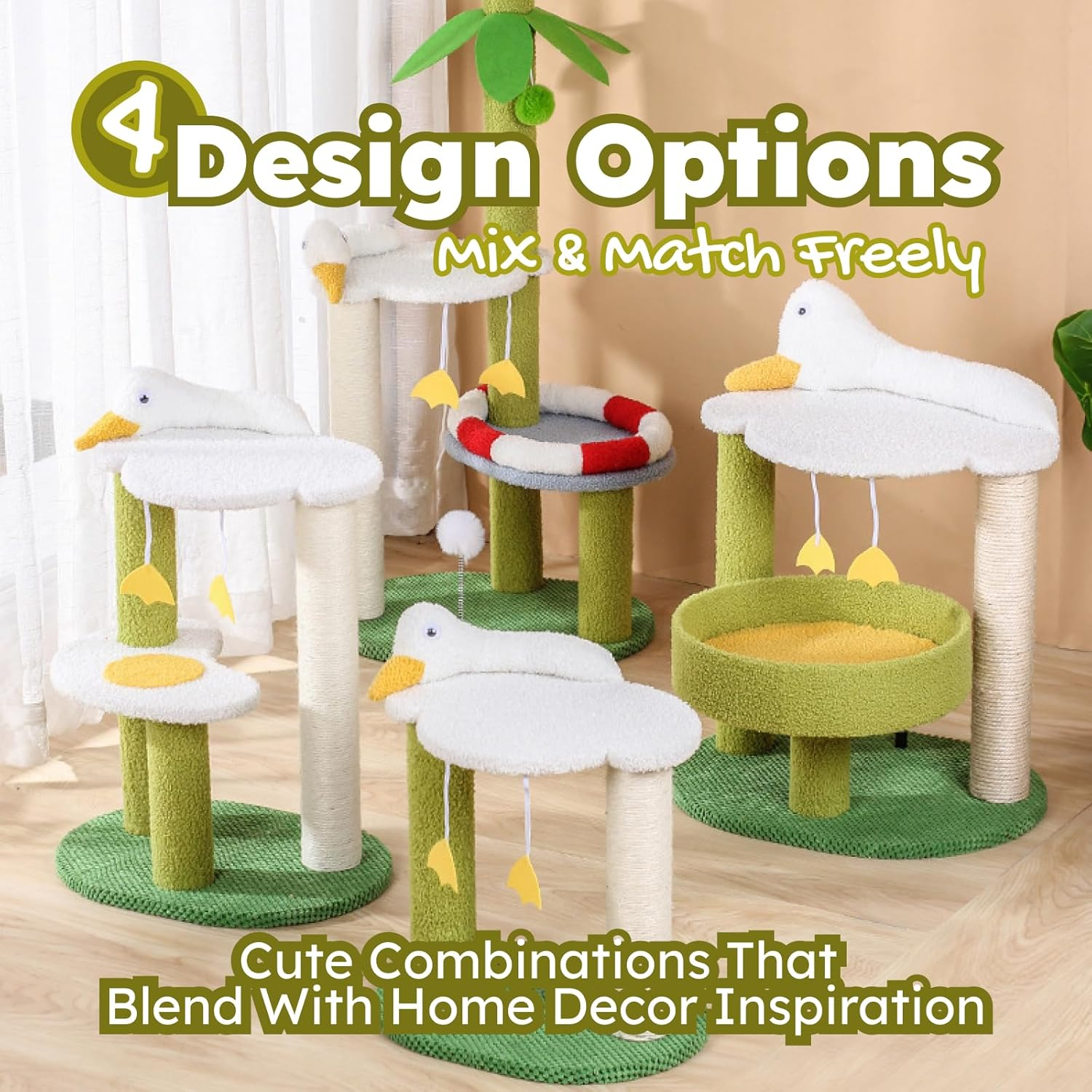 Cute Cat Tree - Duck Shaped Cat Tower with Cozy Bed, Scratching Post, Plush Perches and Hanging Toys, Sturdy Cat Activity Tower for Kittens and Small Cats, 52Cm Tall