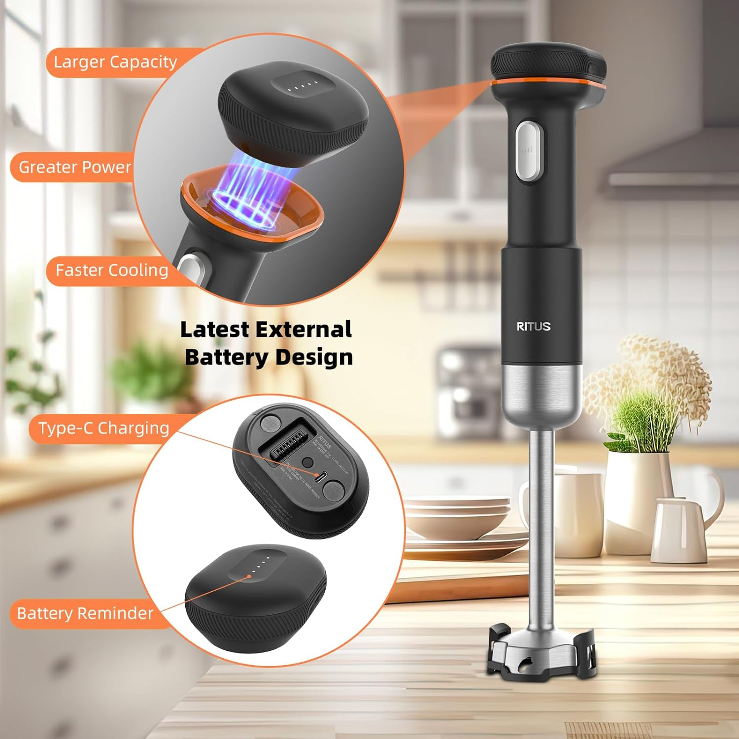 RITUS Immersion Blender, 5 in 1 Cordless Hand Blender Heavy Duty Motor, 4000-13000RPM Lmmersion Blender Variable Speed Hand Blender with Mixing Beaker, Chopper, Whisk and Milk Frother image number 3