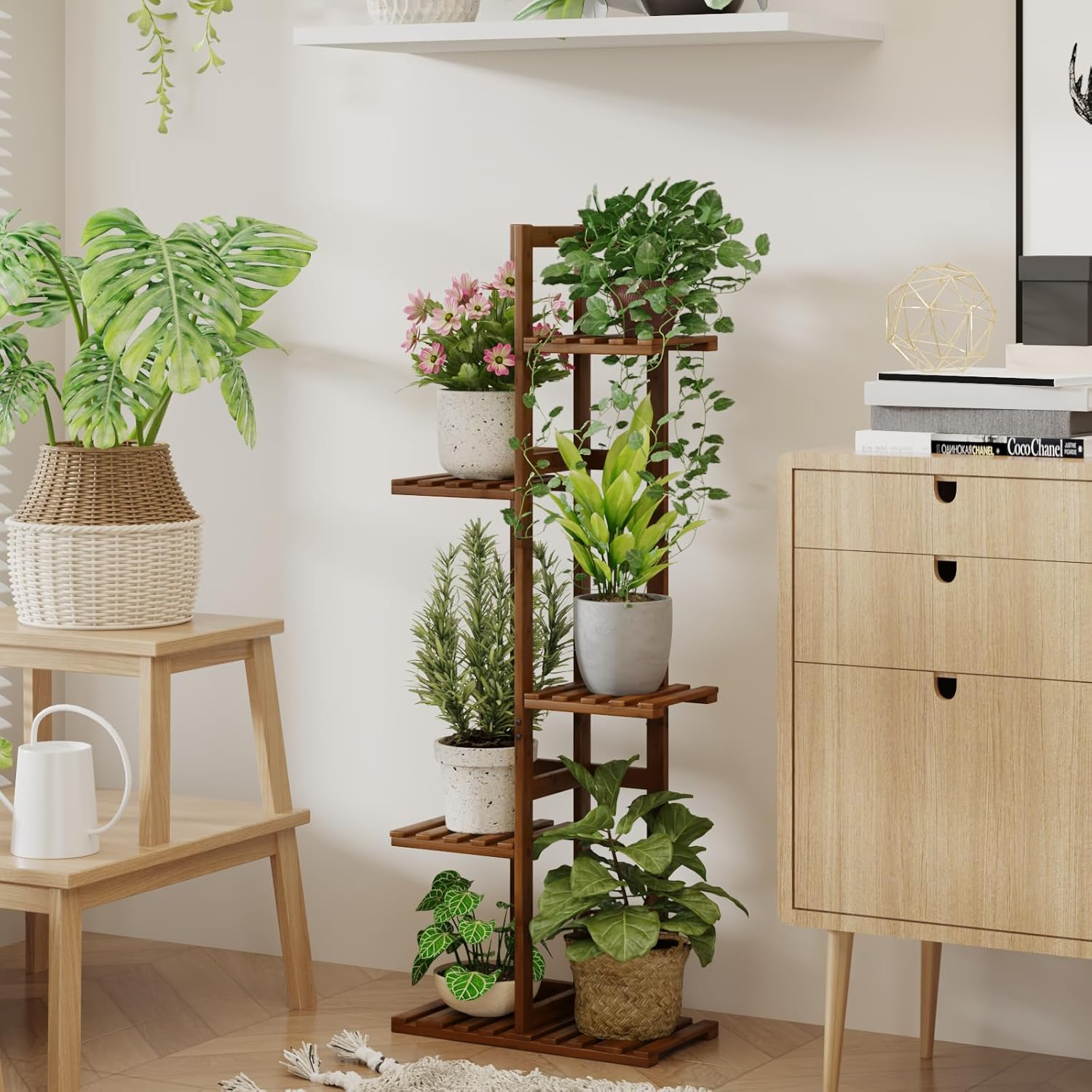 Bamworld Plant Stand Indoor, 5 Tier Bamboo Corner Plant Shelf for Multiple Plants, Small Tiered Flower Stand for Window Garden Balcony Home Decor Living Room Bedroom(Tea Brown) image number 1