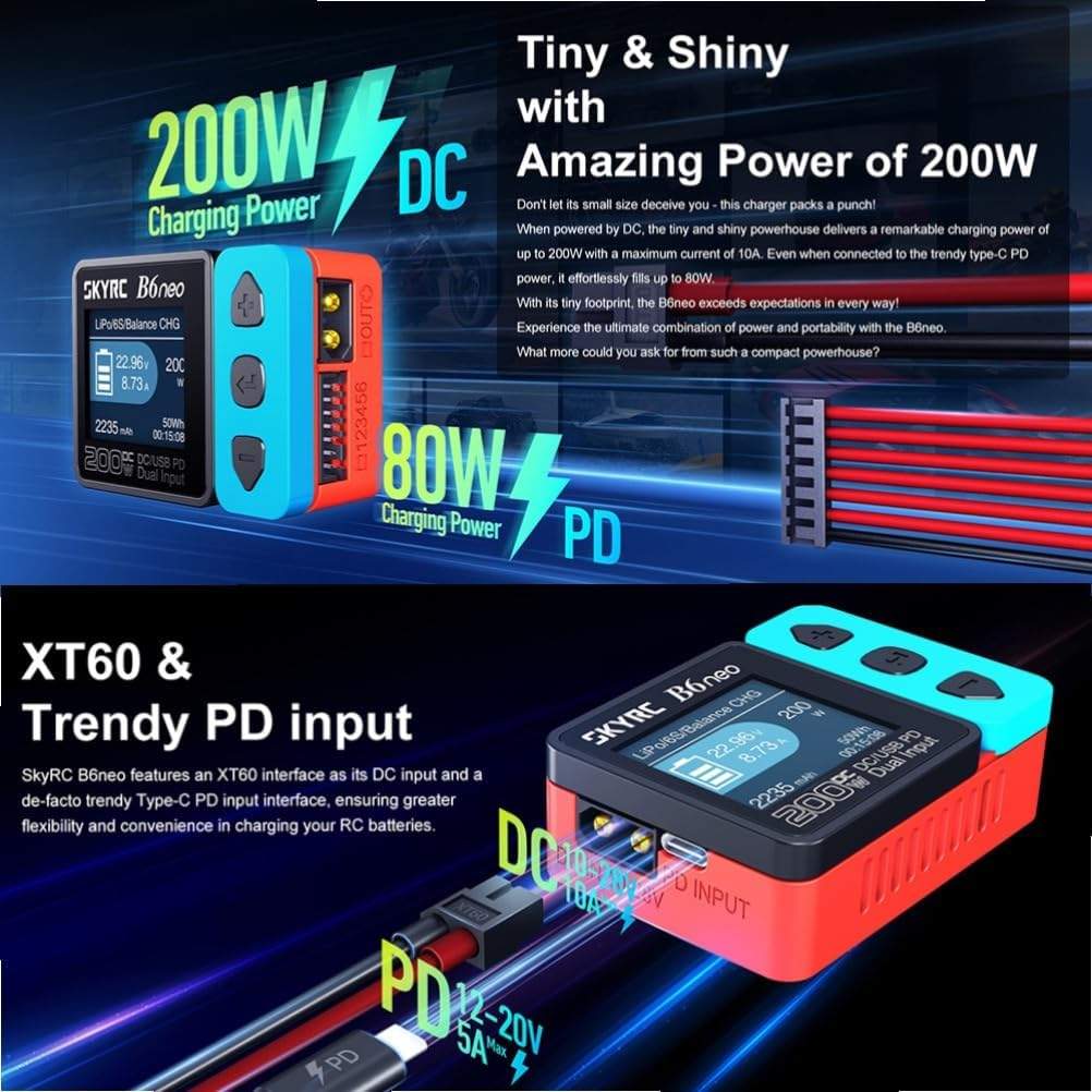 SKYRC B6 Neo Lipo Battery Balance Charger Dis-Charger Life Liion Lihv 1-6Cells Nimh Nicd 1-15Cells Pb 3S 6S DC200W (Without Mains Power Supply)