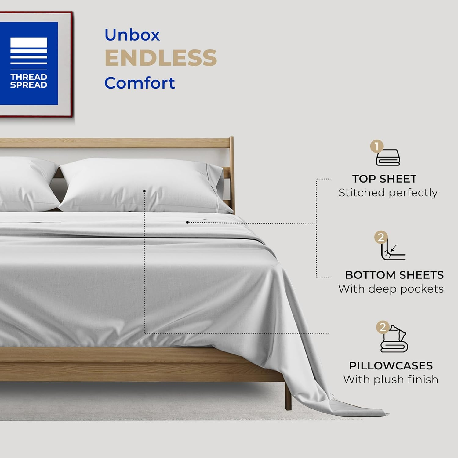 400TC Egyptian Quality 100% Cotton Sheet Set, Split King Size Bedding Set in Silver image number 4