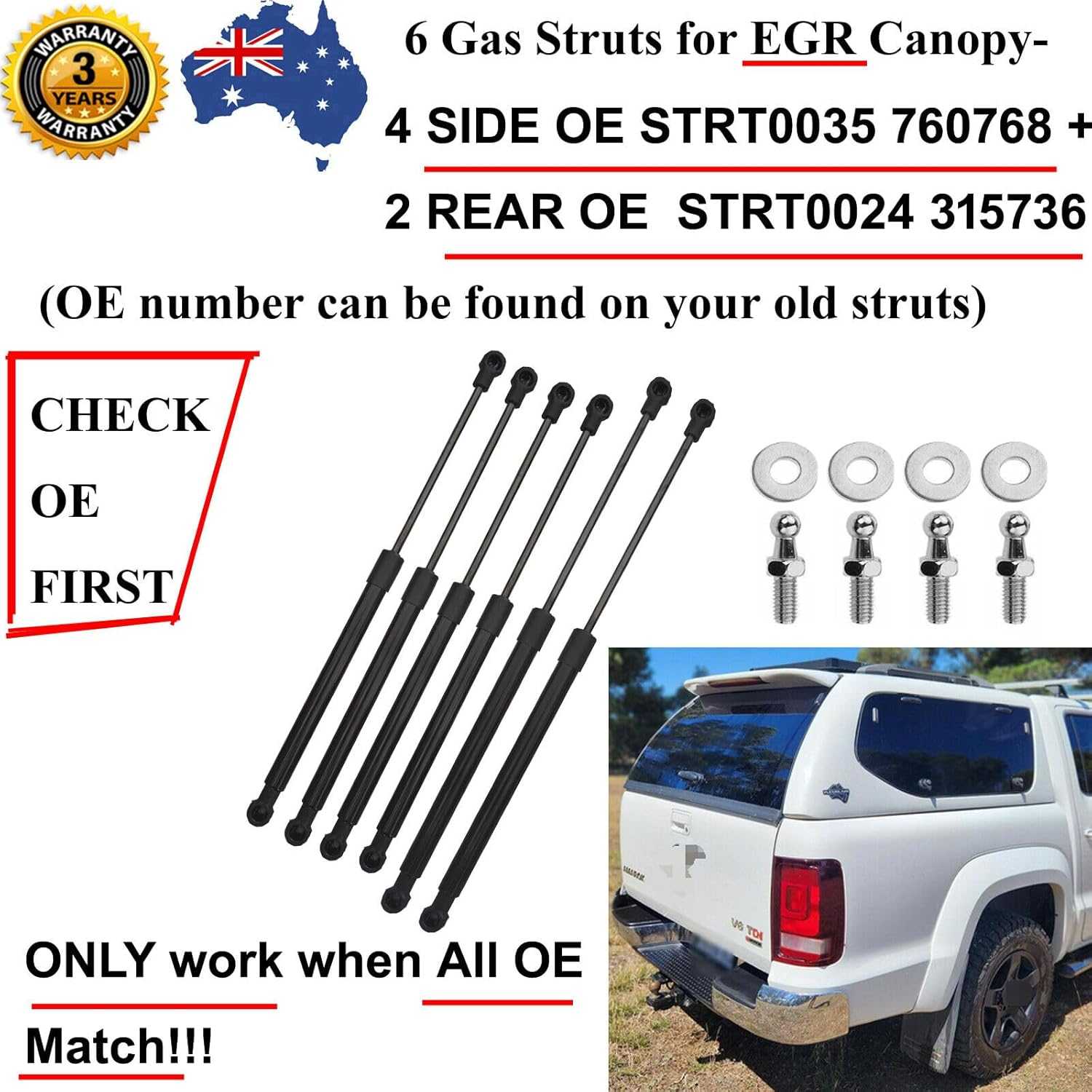 AONNOUS 6 Gas Struts for EGR Canopy Window Inc Amarok-4 Side STRT0035 760768 & 2 Rear STRT0024 315736 Lift Set-Only Work When All OE Match image number 3