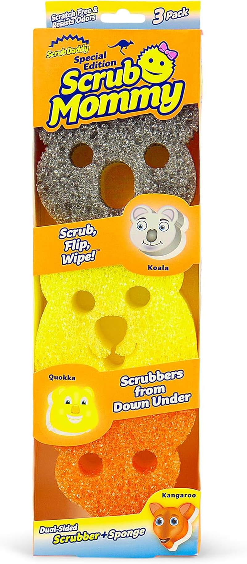 Scrub Mommy Aussie Shapes 3 Pack - Limited Edition Grey Koala, Yellow Quokka, Orange Kangaroo - One Side for Scrubbing, the Other for Mopping Up image number 1