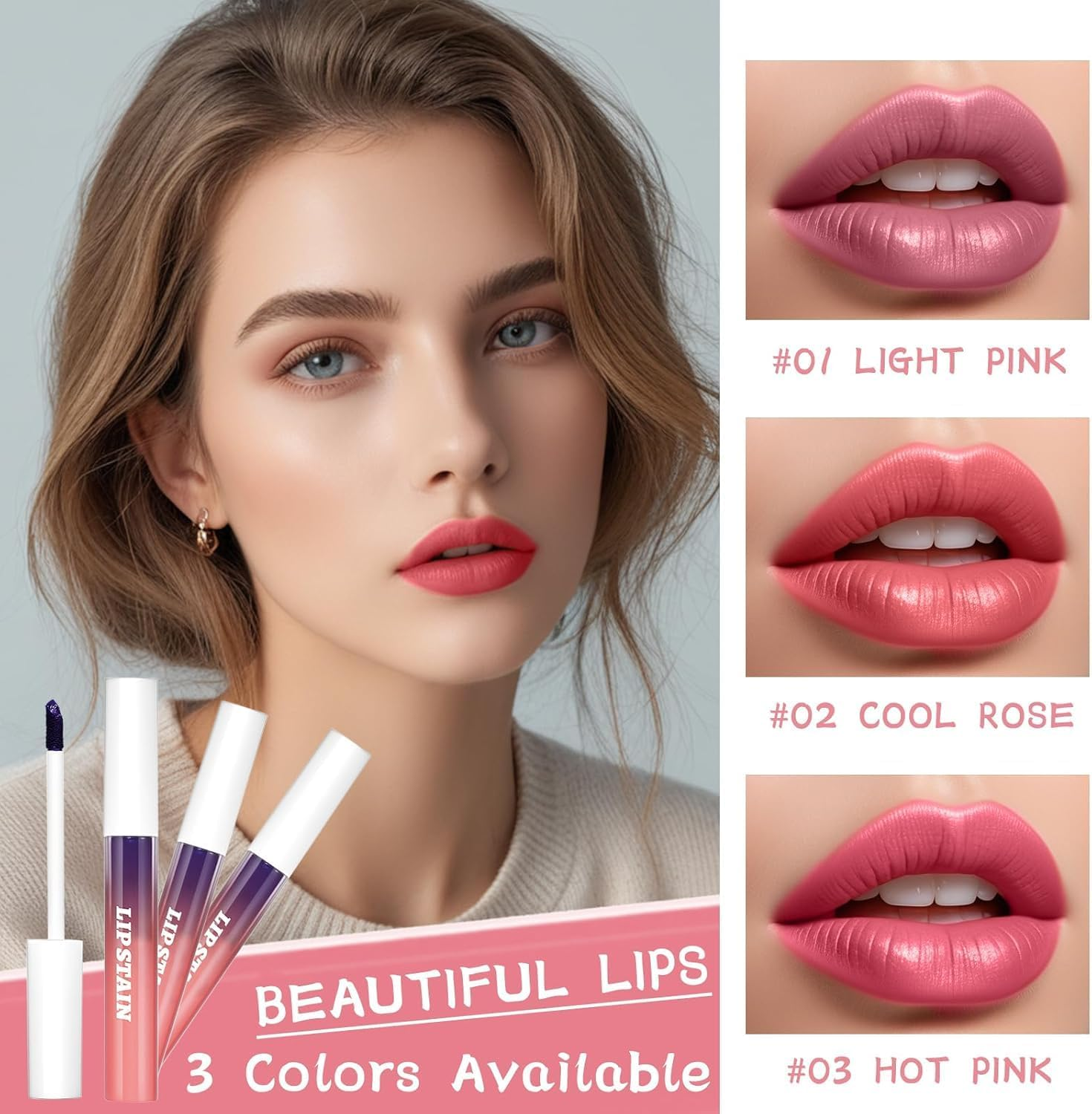 Peel-Off Lip Tint Set - Tattoo Stain Kit, Long-Lasting Matte Finish, Moisturizing Peel-Off Lip Mask, Waterproof & Smudge-Proof, 24H Color Hold (#3 Hot Pink, 2.5Ml)