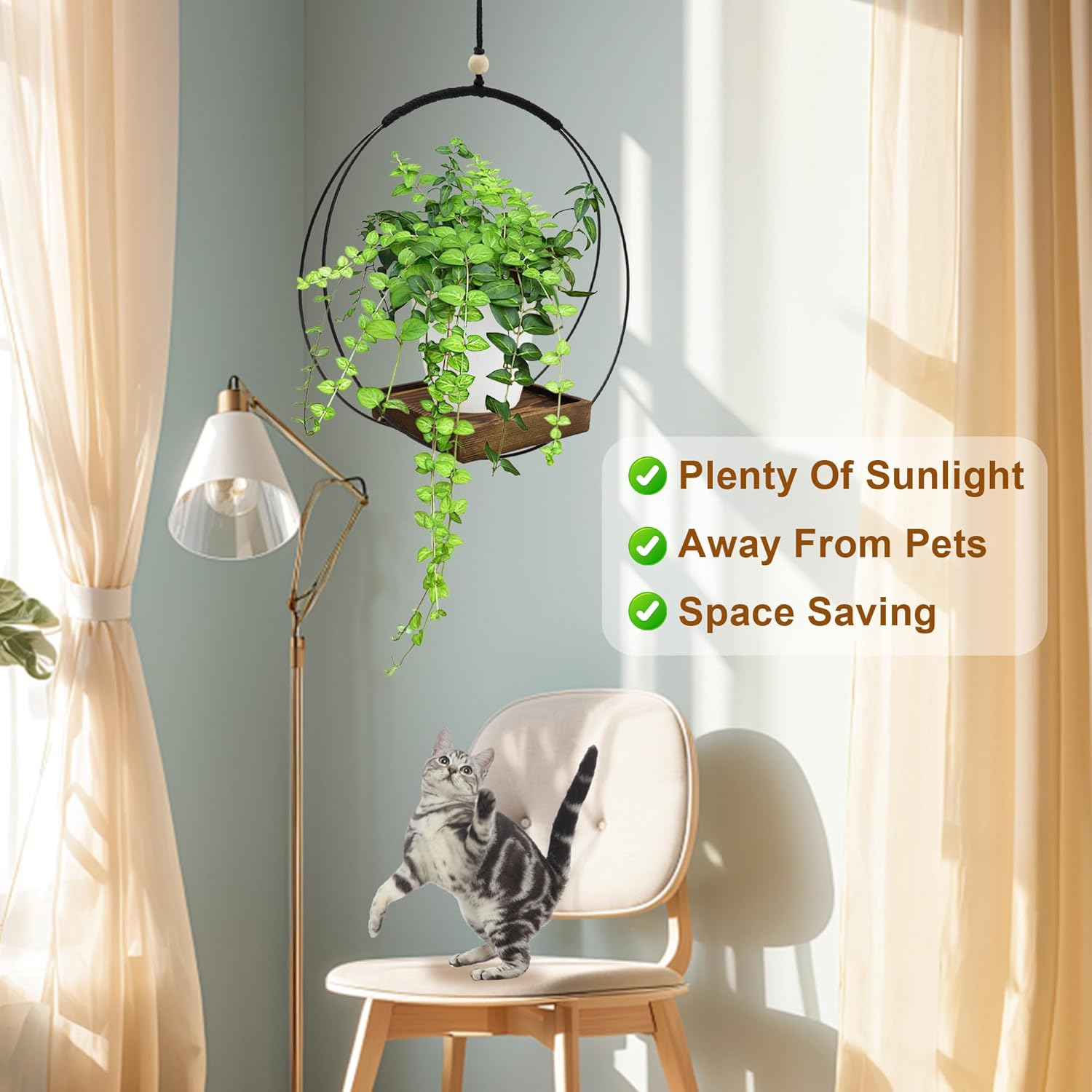 2 Pack Hanging Plant Holder, Metal Wall Hanging Planter with Wood Base, Plant Hangers Indoor, Hanging Flower Basket for Outdoors, Swinging Plant Pot for Room Ceilings Window (Brown) image number 1