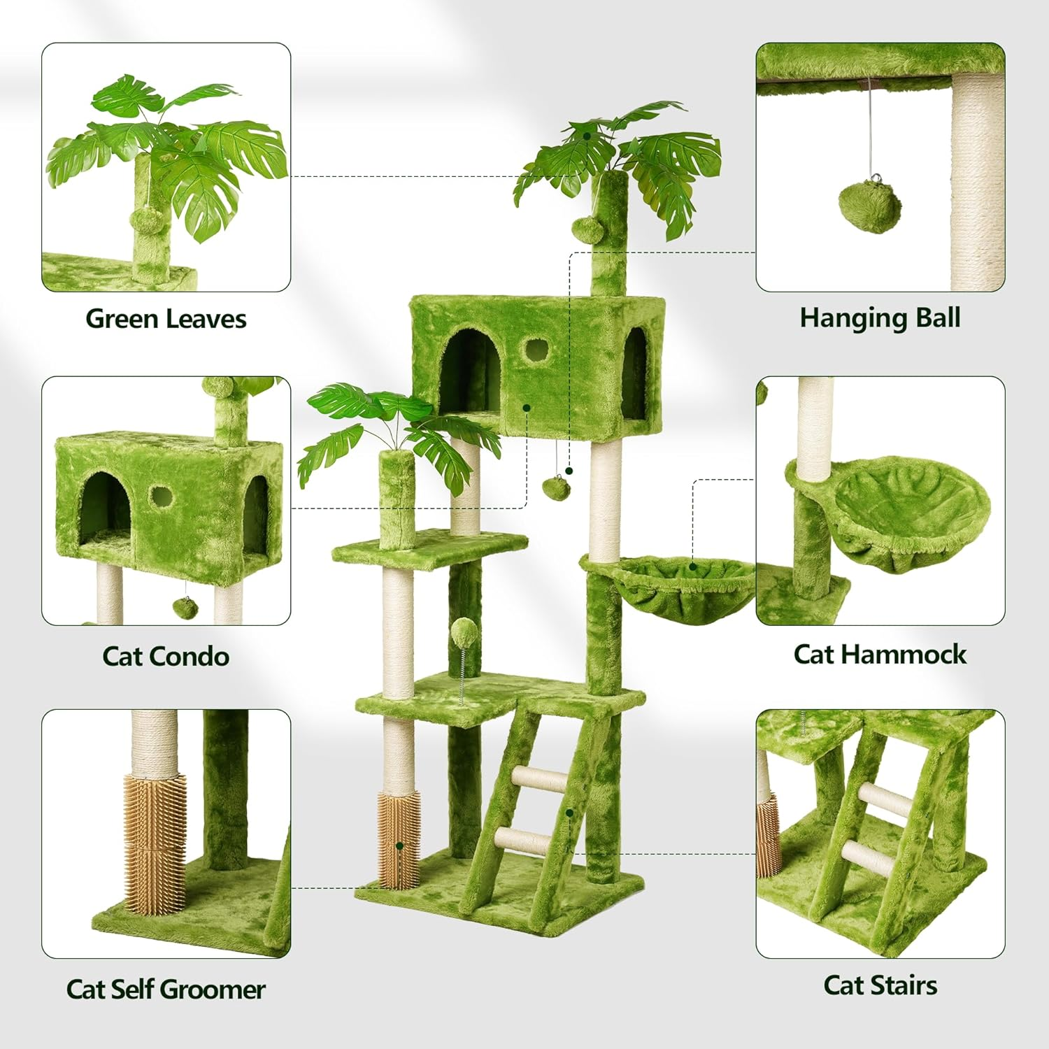 Meecal 65In Tall Cat Tree with Leaves for Indoor Cats, Green Cat Tower with Scratching Post,Hanging Hammock,Cozy Perch,Swing Ball,Self Groomer and Cat Ladder,Cat Tree Tower image number 6