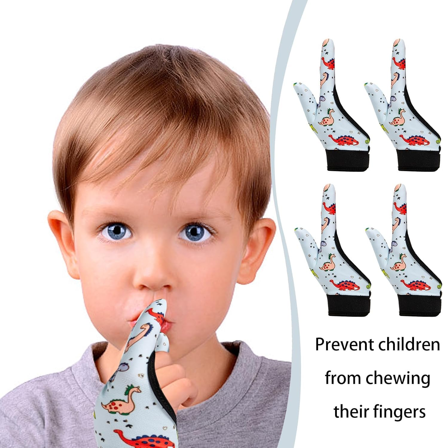 4 Pcs Thumb Sucking Guard Gloves for Kids Ages 5-10, Breathable Sensory Gloves to Stop Thumb Sucking & Nail Biting, Soft Cotton anti Suck Guard with Chewy Compression (Dinosaur 02) image number 3