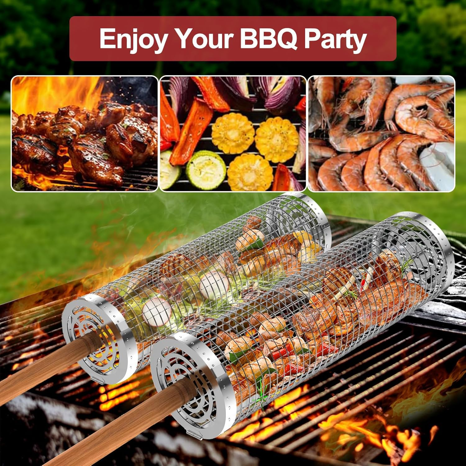 Grill Baskets for Outdoor Grill, Rolling Grill Basket with Removable Wooden Handle, Stainless Steel Grilling Accessories for Fish, Shrimp, Meat, Vegetables, Fries，Bbq image number 3