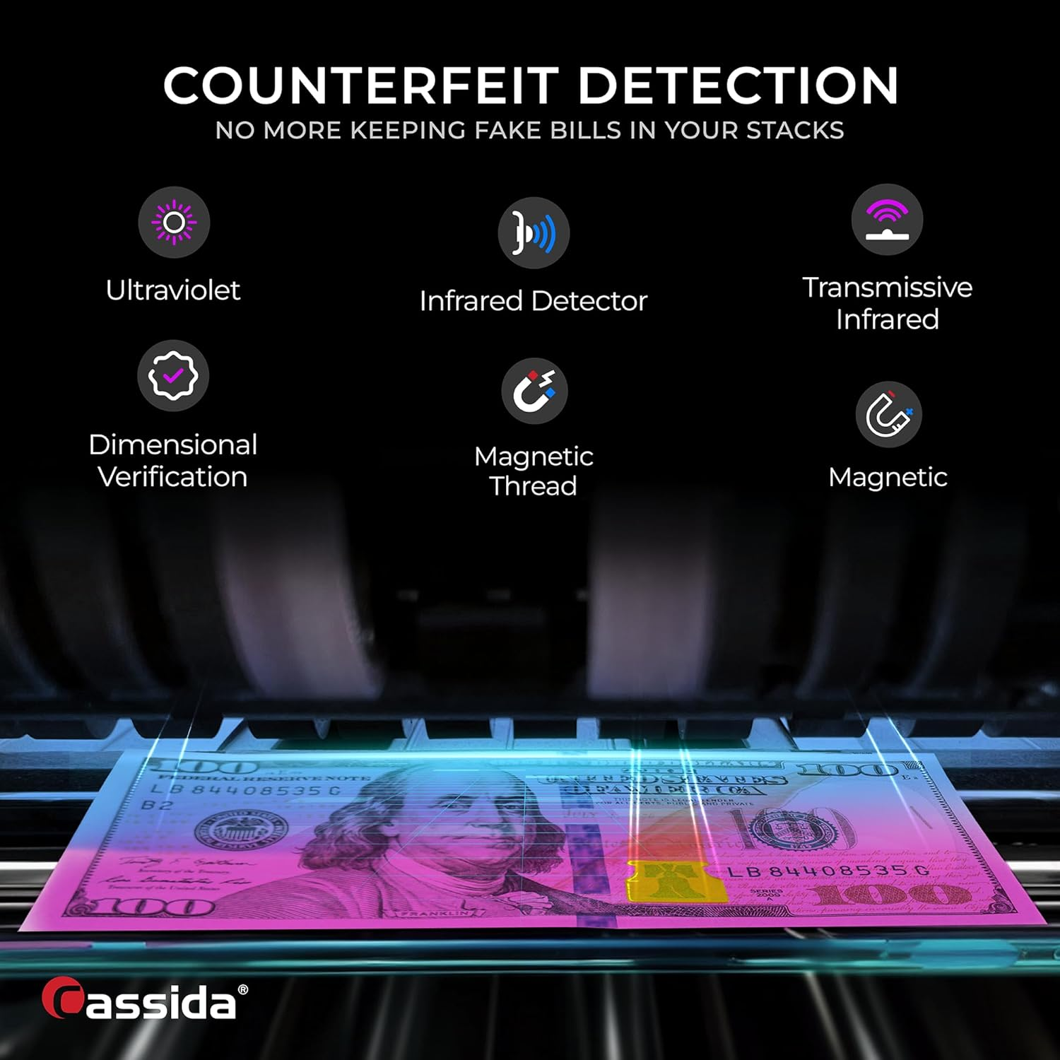 Cassida 6600 UV/MG &ndash; USA Business Grade Money Counter with UV/MG/IR Counterfeit Detection &ndash; Top Loading Bill Counting Machine W/Valucount&trade;, Add and Batch Modes &ndash; Fast Counting Speed 1,400 Notes/Min image number 5