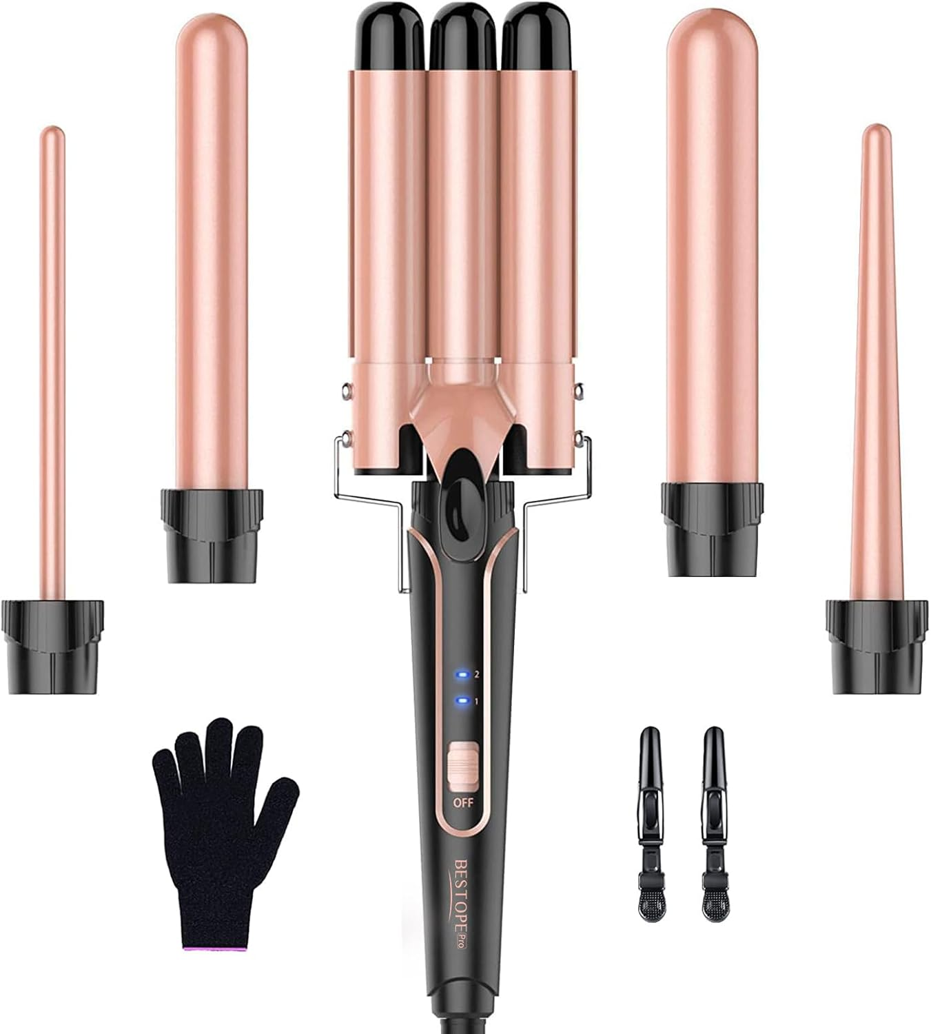 BESTOPE PRO 5 in 1 Wave Iron Set - Includes 3 Ceramic Barrels to Create Big Waves Including Temperature Setting, Quick Heat and Glove, 2 Clips, Rose Gold image number 5