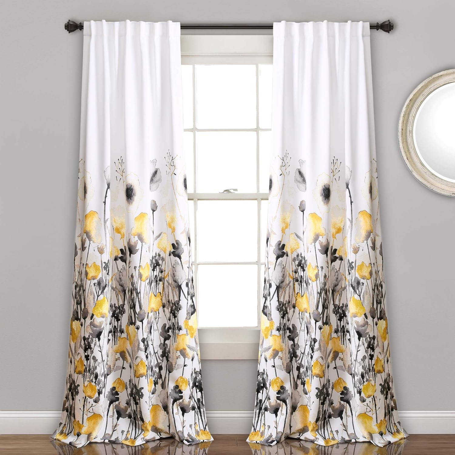 Lush Decor Lush D&Eacute;COR, Navy Zuri Flora Curtains Room Darkening Window Panel Set for Living, Dining, Bedroom (Pair), 84&rdquo; X 52