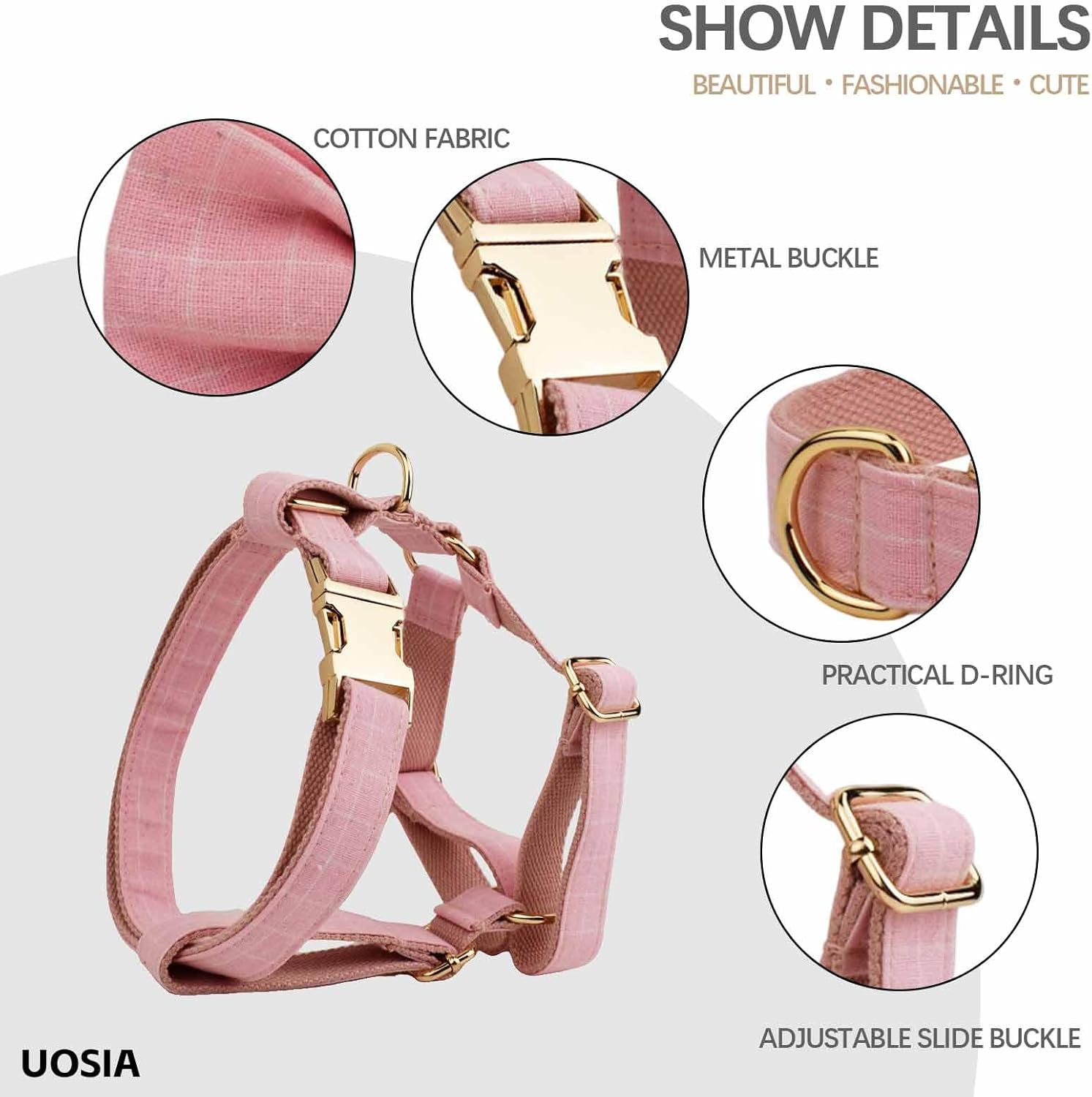 UOSIA Cute Girl Dog Harness Dog Collar and Leash Set for Female Dogs Pink Princess Dog Collar with Bow Tie Adjustable Escape Proof Dog Vest Harness for Outdoor Walking Running image number 1