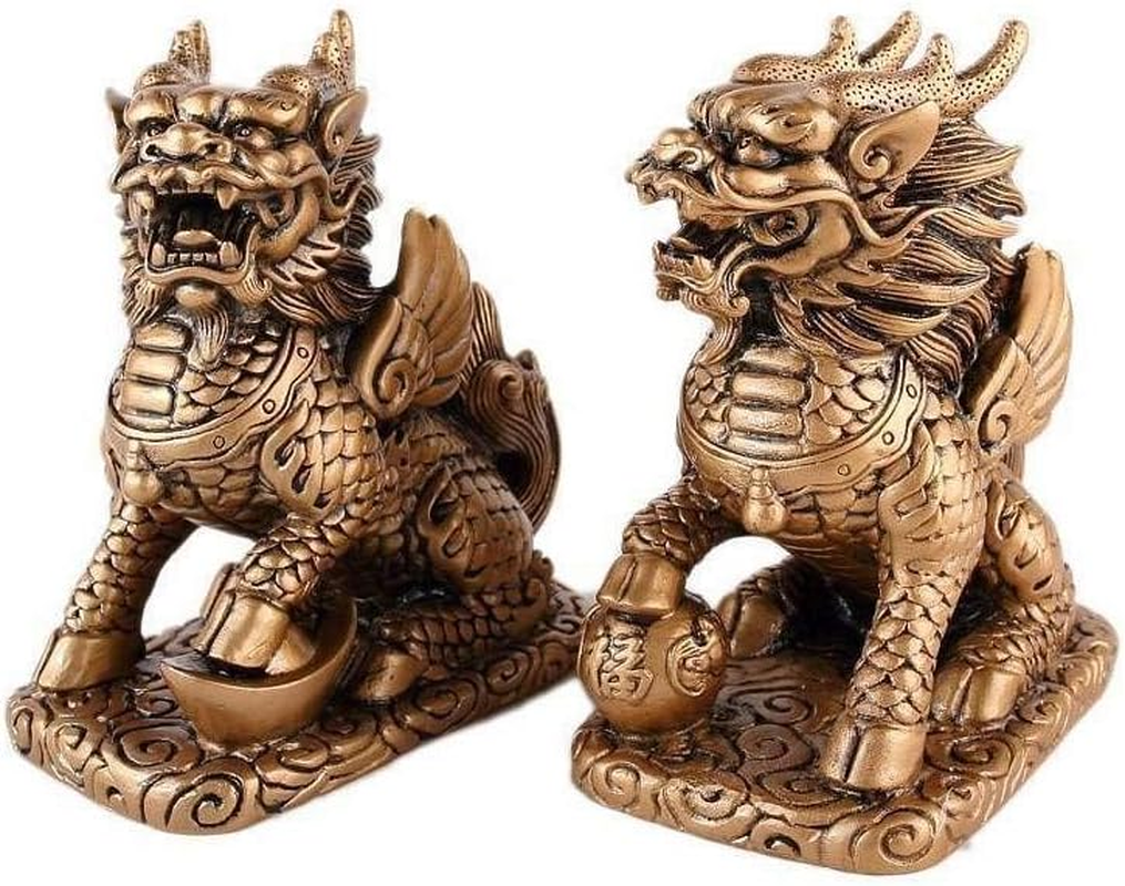 Lachineuse - Qilin Couple Figurine Feng Shui Chi Linen - Negative Energy Protection Symbol - Office Home - Chinese Decoration Asian Qi Linen - 12.5 X 11 X 6 Cm - Gold