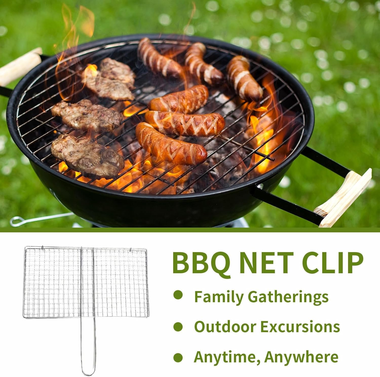 Fish Grill Basket - Stainless Steel BBQ Meat Clamp,Grill Basket for Steak Fish Chicken Meat Veggies Outdoor Camping Fishing Kitchen image number 1