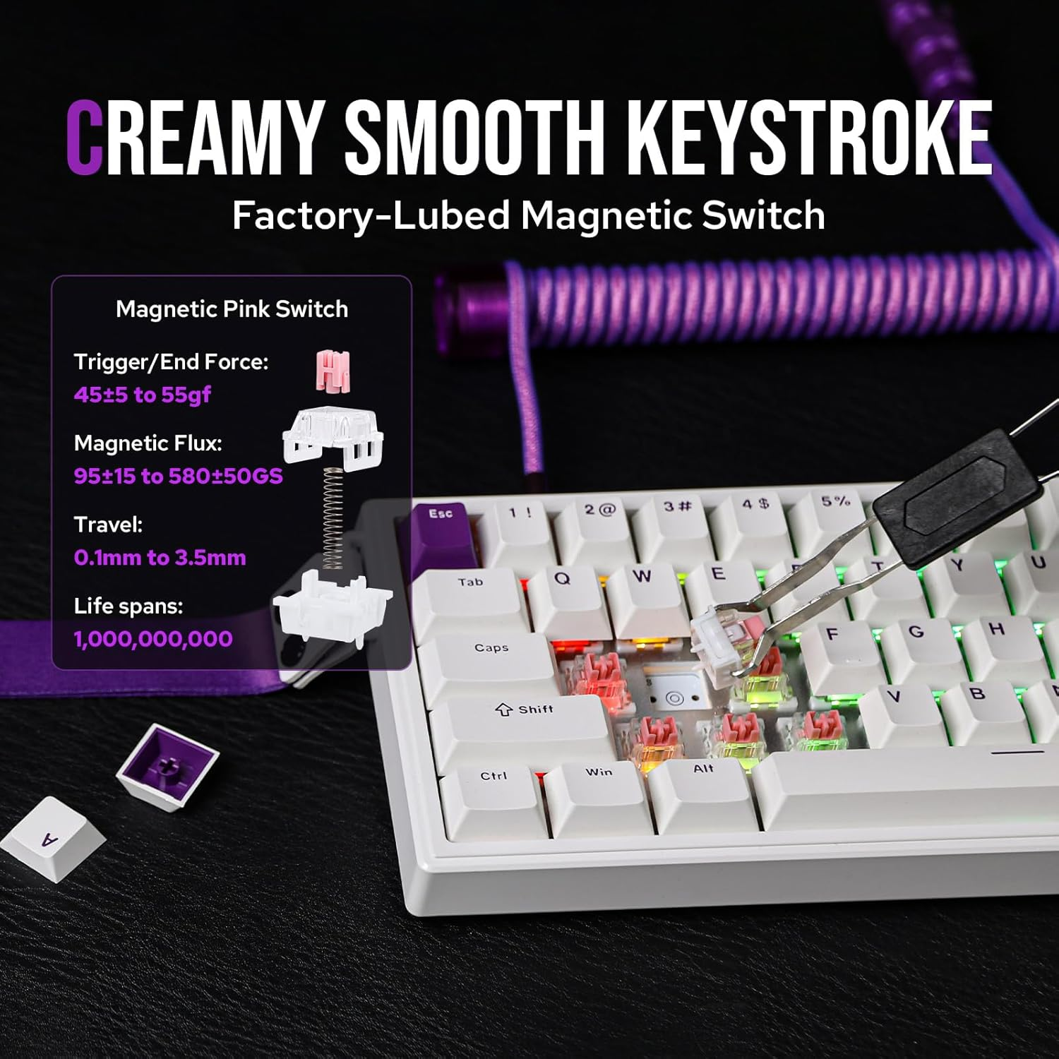 EPOMAKER HE68 Wired Magnetic Gaming Keyboard, 8K Polling Rate, 0.125Ms Latency, RGB Backlight, Gasket-Mount, USB-A to C, Portable for Mac/Pc/Ps/Switch (White) - White image number 6