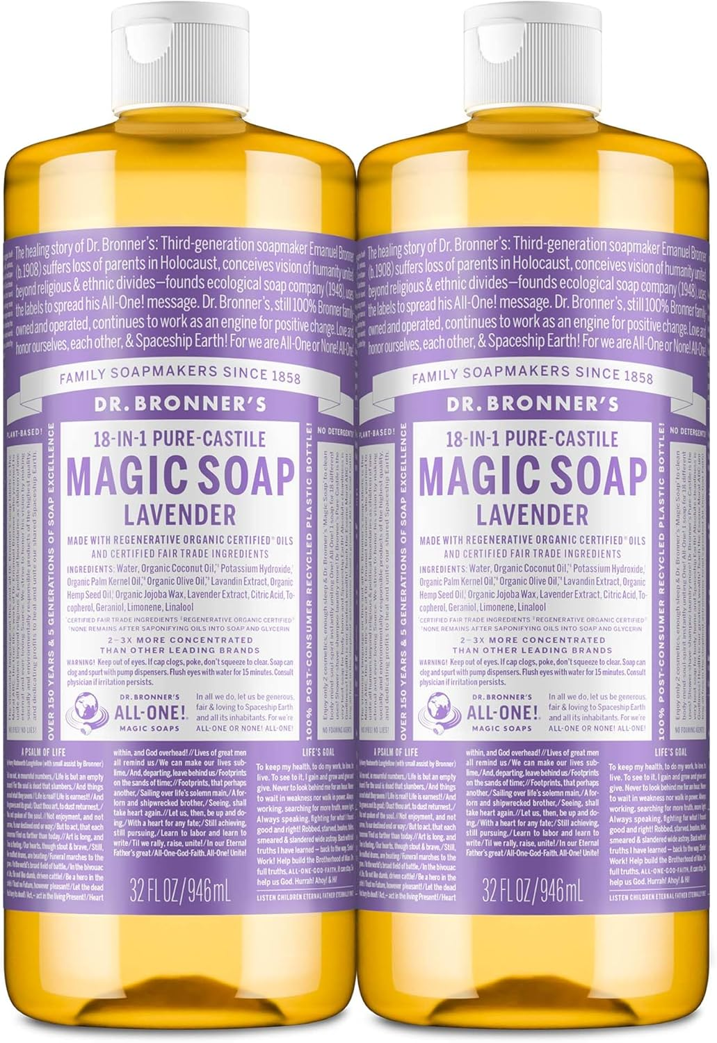 Dr. Bronner'S - Liquid Castile Soap 2-Pack - Eco-Friendly Cleaning Solution - Lavender - 2X946Ml