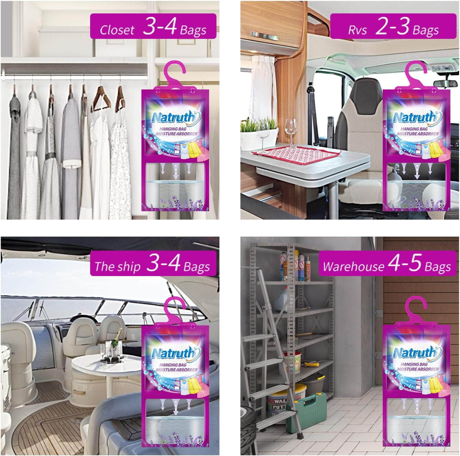 NATRUTH High Capacity Hanging Moisture Absorber Bag,12 Packs Lavender Dehumidifier Bags for Closet,Home,Bathroom,278G per Bag, Lasting Damp Absorption