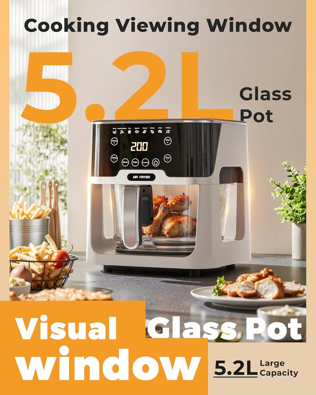 Air Fryer Glass - 5.2L Digital Airfryer Oven with Detachable Glass Pot, Multifunctional Oiless Cooker with LED Touch Screen, Adjustable Temperature 80-200℃, Healthy Less Fat & Easy to Clean image number 5