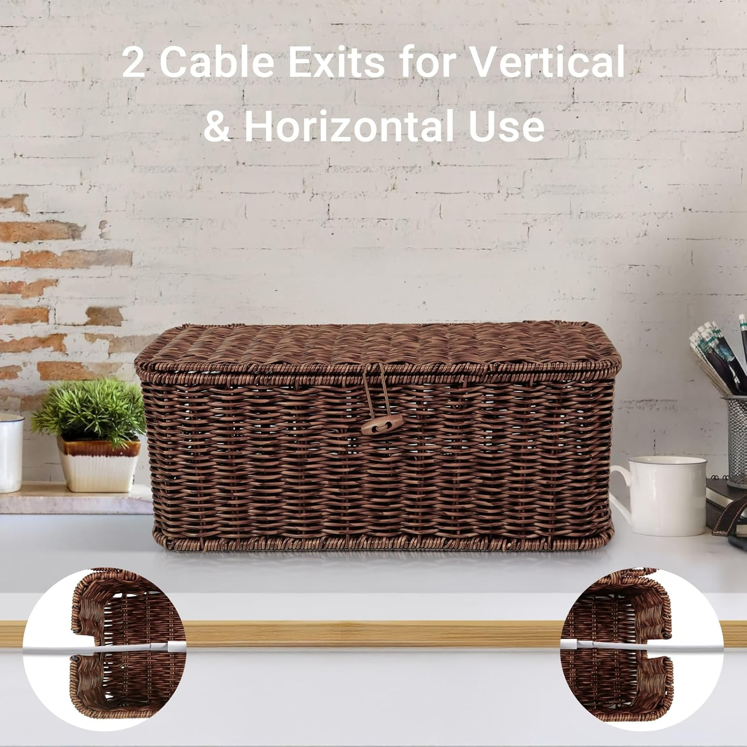 Ixtra 2-Pack Cable Management Box Set, Handwoven Rattan Cord Organizer, Decorative Cord Hider with Lid, Large Cable Organizer for Desk, TV Wires,Power Strips & Cords Brown