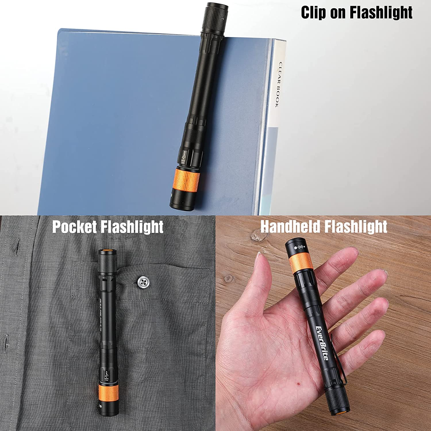 Everbrite Rechargeable Pen Light, 300 Lumens EDC Flashlight, Zoomable LED Pocket Flashlight with Clip, Memory Function and USB C Cable Included, for Camping, Emergency, Black image number 4