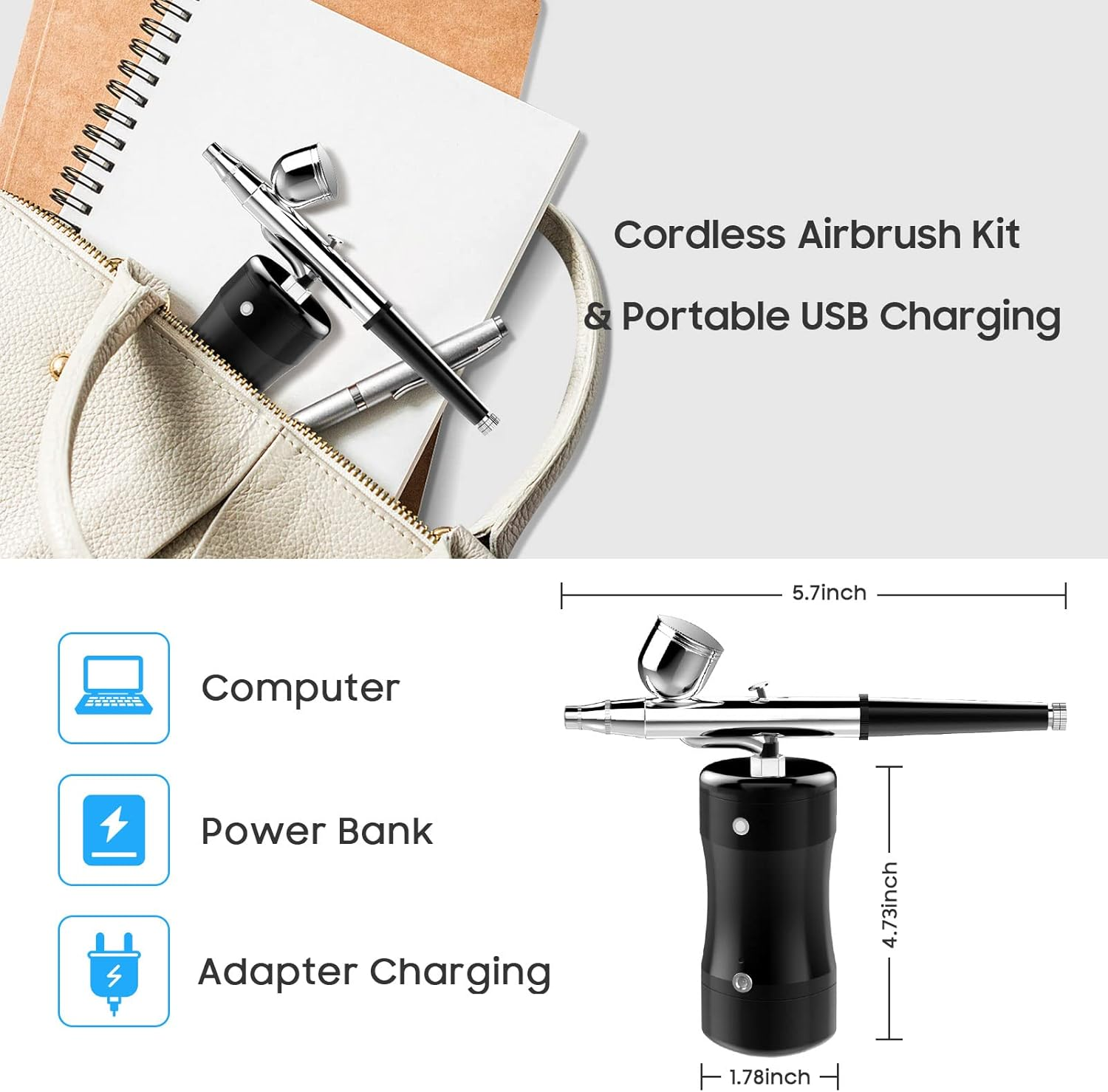 COSSCCI Handheld Airbrush Kit, Mini Air Compressor Spray Gun Single Action USB Rechargeable Airbrush Set for Makeup Art Nail Painting Tattoo Manicure Cakes (Black) image number 1