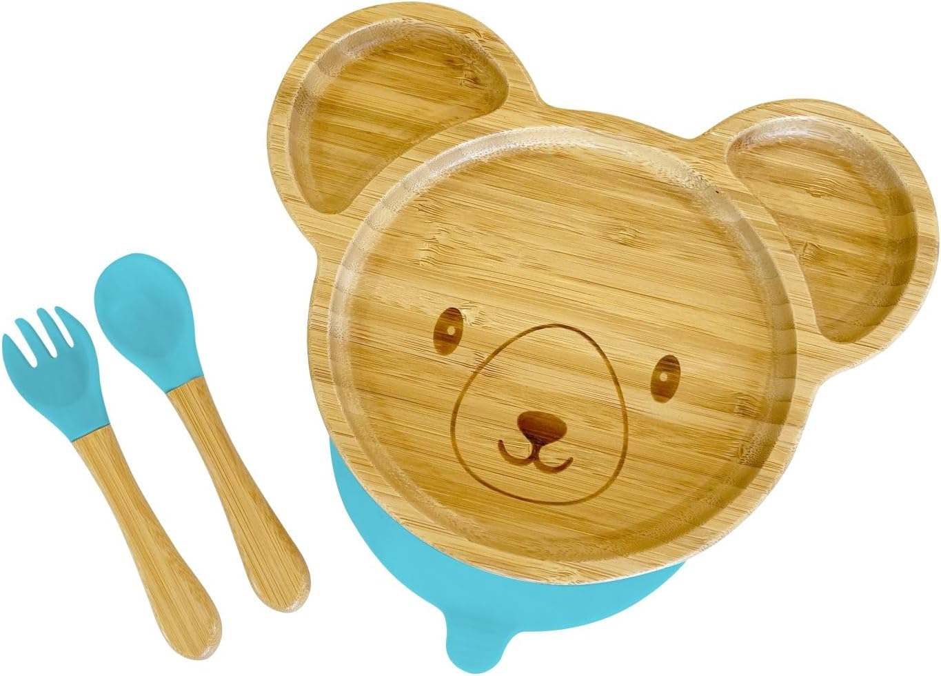 Baby Bamboo Suction Plate, Bowl and Spoon Set - Baby Weaning Set for Toddler Bear Shape - Silicone Suction Sticks to Most High Chairs for Non-Slip & Silicone Spoon Tips with Wood Handle (Sky Blue)