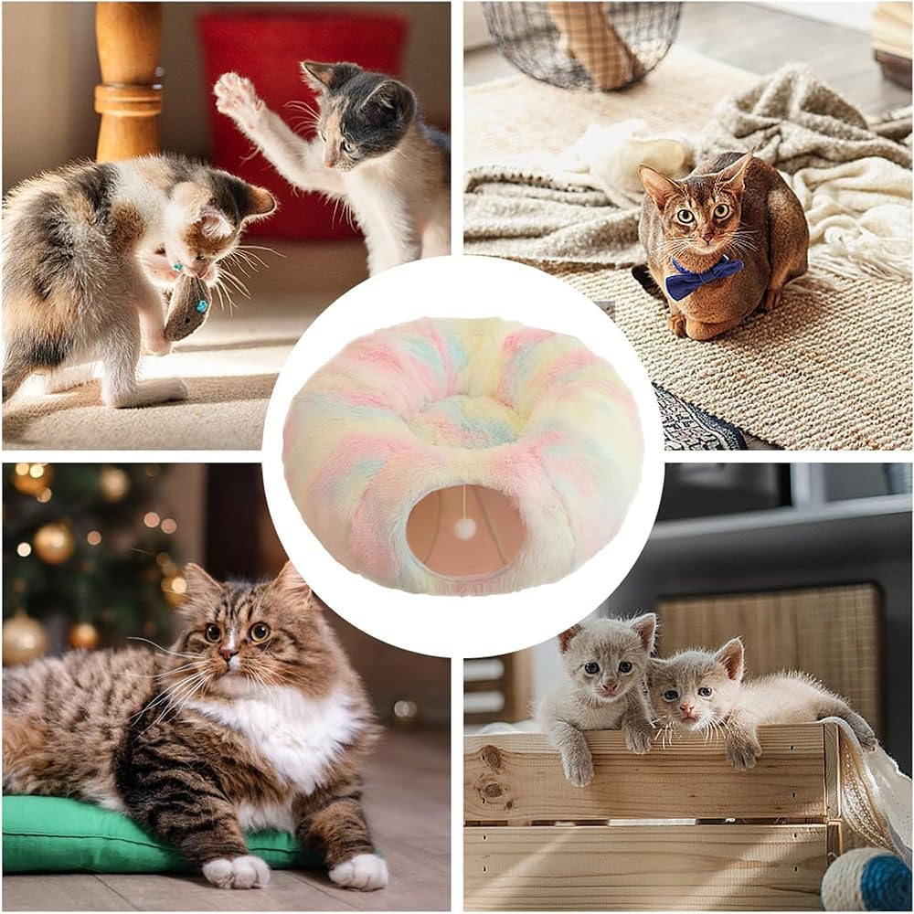 Tunnel Bed for Cats, Easy to Foldable and Portable, Large Cat Donut Bed Tunnel Tub, Washable Cat Beds Equipped with Plush Toy for Cats, Ferrets, Puppies, and Rabbits