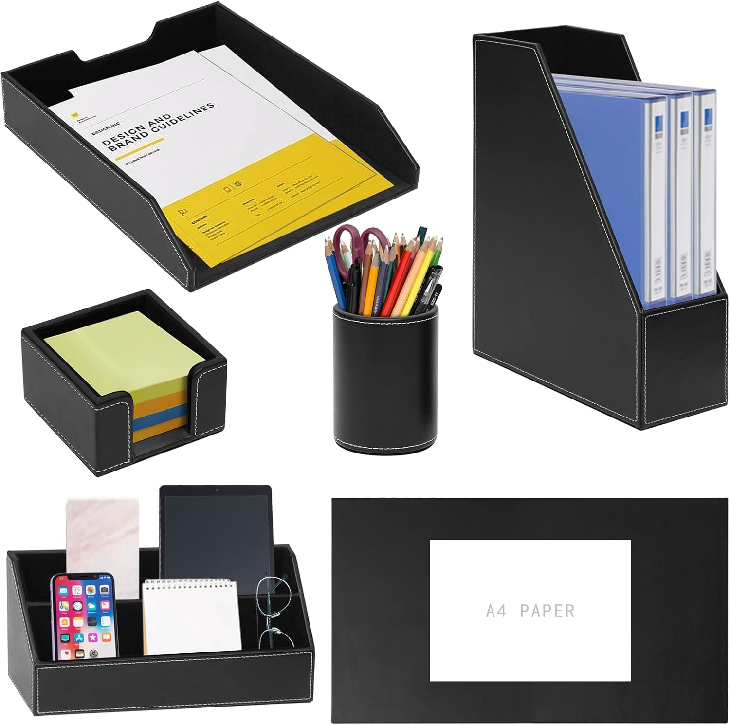 6 Piece Office Supplies/Desk Organizer Set with Desktop Leather Writing Pad,File Paper Tray,Magazine Folder Holder, Pen Cup,Sticky Note Holder,Letter Mail Sorter,Workspace Decor for Women Men (Black)