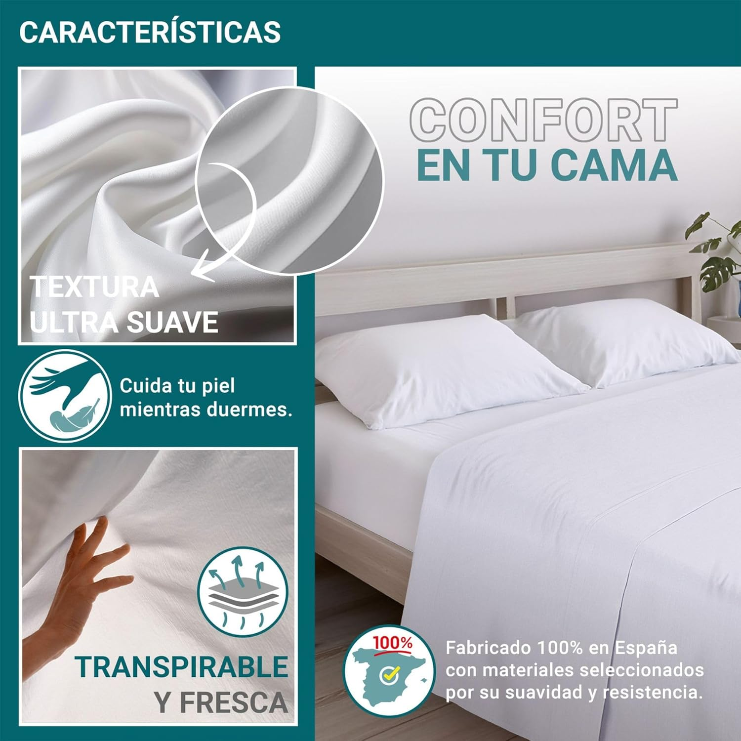 ECOMMERC3 4 Piece Bedding Set for 180 Cm Bed, Fitted Sheet, Duvet Cover and 2 Pillowcases 45 X 100 Cm, White image number 6