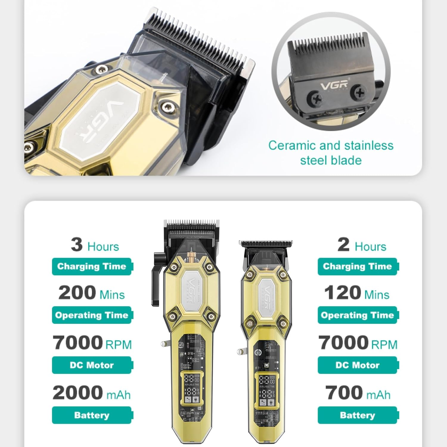 VGR Professional Hair Clippers for Men, Cordless Barber Clippers and Trimmers Set, Mens Hair Cutting Kit with 10 Guide Combs, USB Rechargeable Haircut Machine for Family, LED Display, Gold - Green image number 3