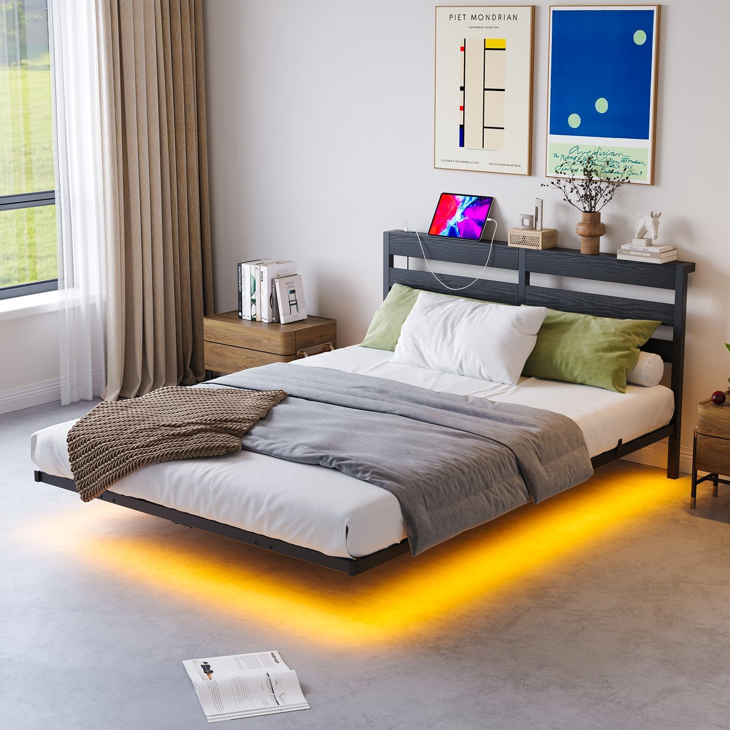 Double Floating Bed Frame with LED Lights and Storage Headboard &Charging Station, Metal Platform Bed Frame with Heavy Duty Steel Slats Black,No Box Spring Needed image number 1