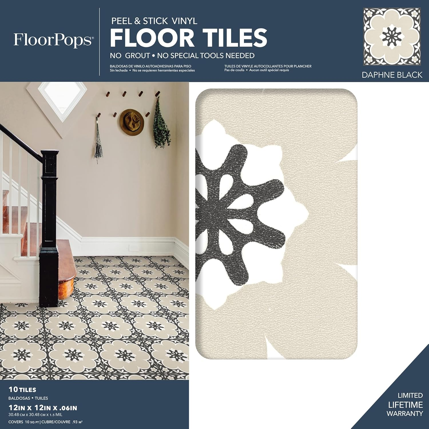Floorpops 12-In by 12-In Black Daphne Vinyl Peel & Stick Floor Tiles (10 Tiles), (10 Sq.Ft./Carton) image number 2
