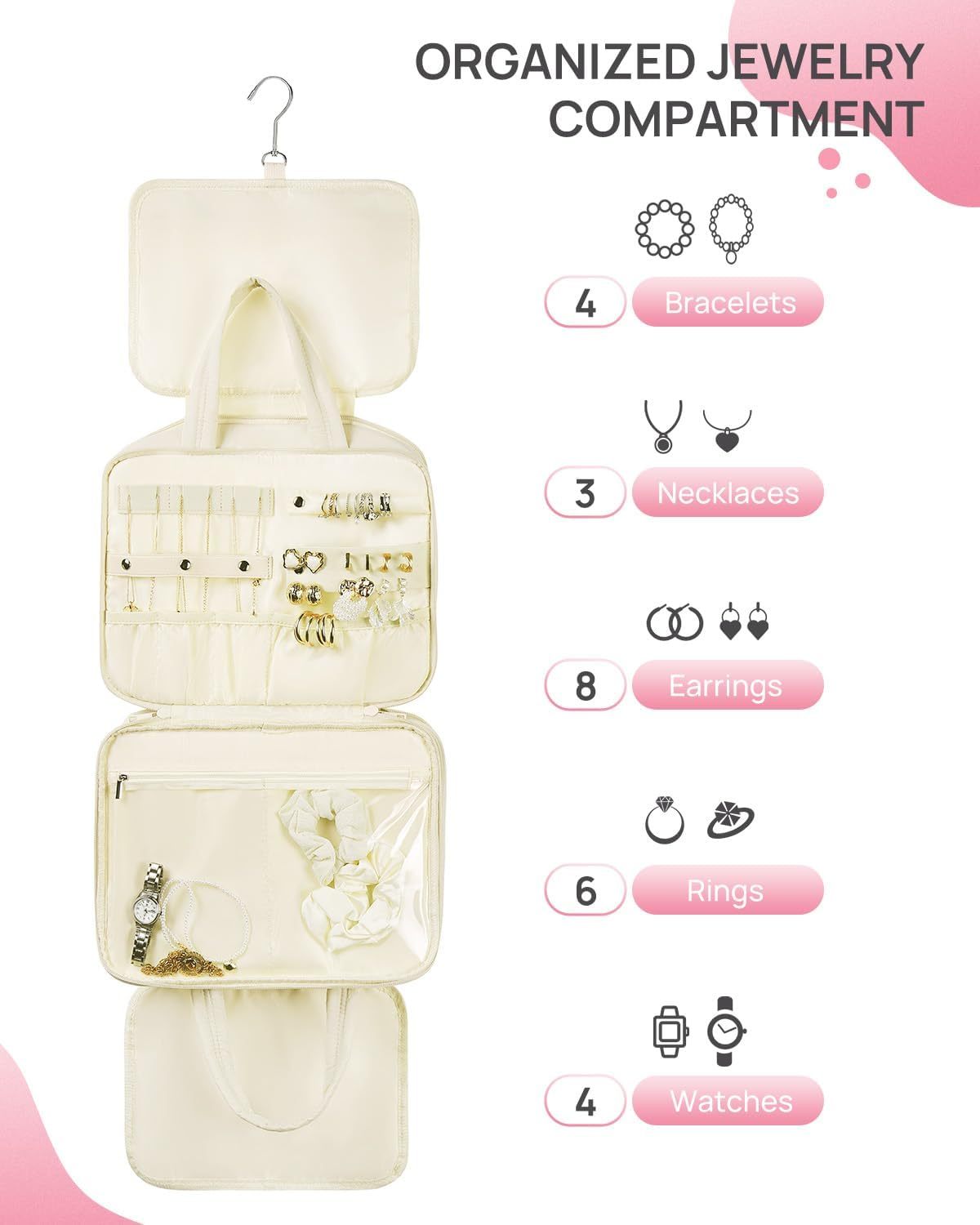 DDPOND Travel Toiletry Bag with Jewelry Organizer for Women, Puffy Hanging Makeup Bag Lightweight Cosmetic Bag Organizer for Travel Essentials - Beige image number 6